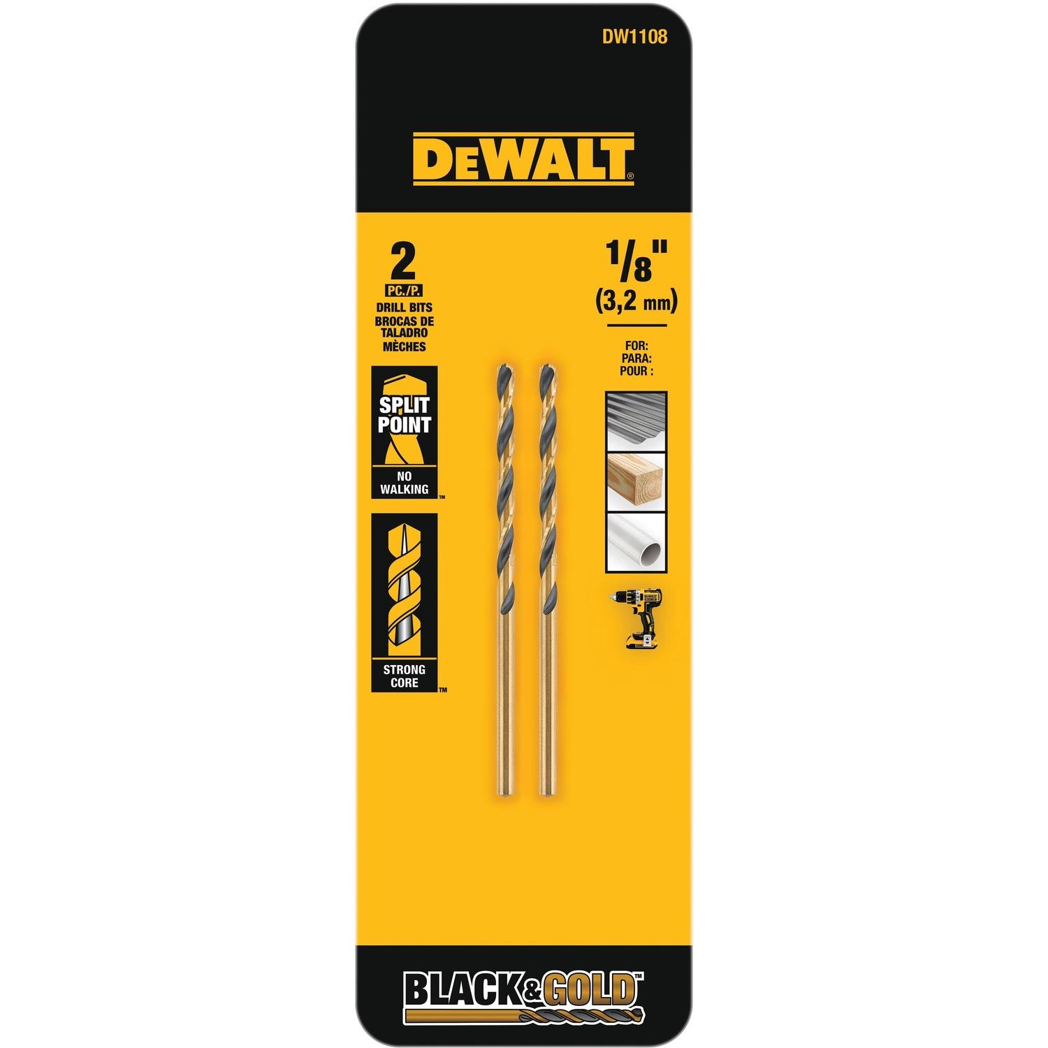 DEWALT Black & Gold 1/8 in. X 2.75 in. L High Speed Steel Split Point Drill Bit Round Shank 2 pc