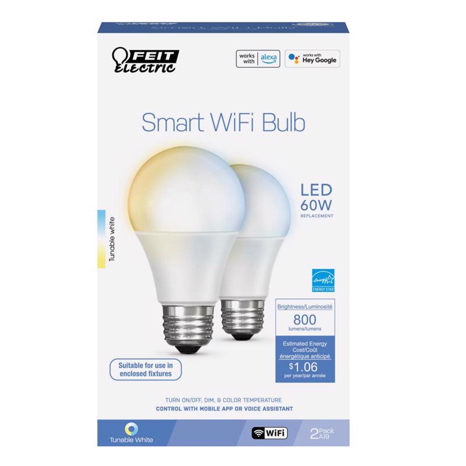 Feit A19 E26 (Medium) Smart-Enabled LED Bulb Adjustable White 60 Watt Equivalence 1 Pack