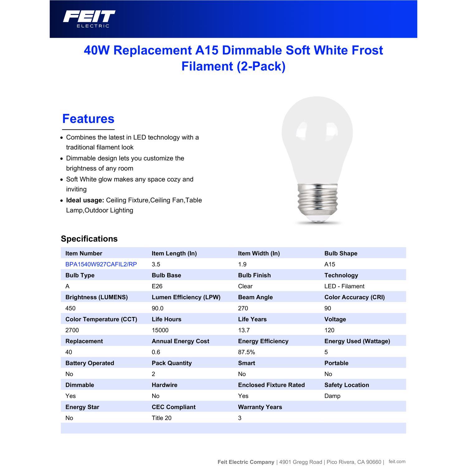 Feit A15 E26 (Medium) Filament LED Bulb Soft White 40 Watt Equivalence 2 pk