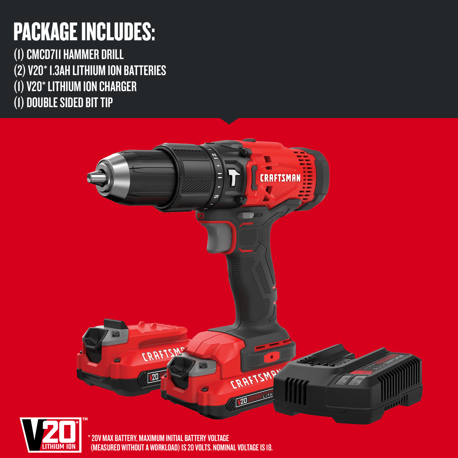 Craftsman V20 20 V 1 2 in. Brushed Cordless Hammer Drill Kit