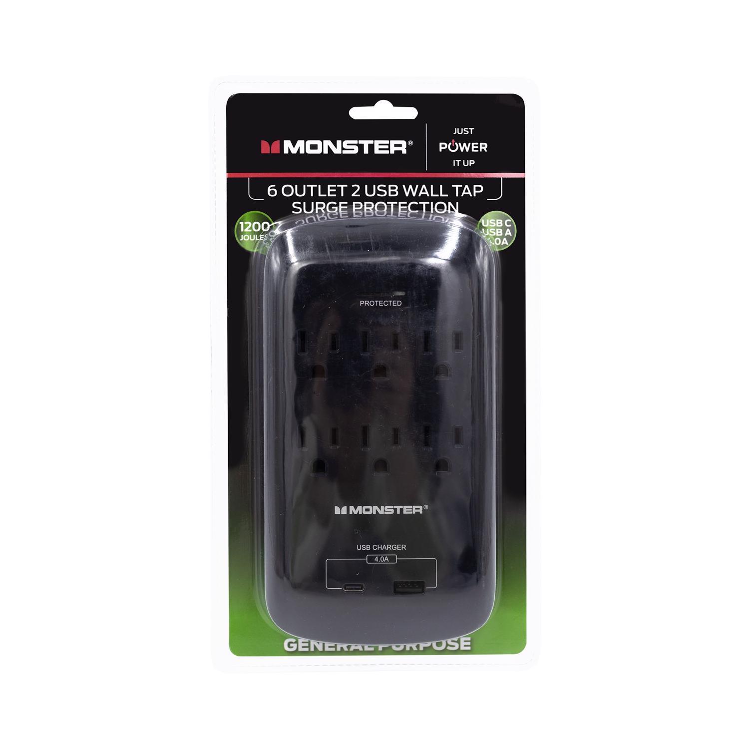 Monster Just Power it Up 0 ft. L 6 outlets Wall Tap Surge Protector w/USB Black 1200 J