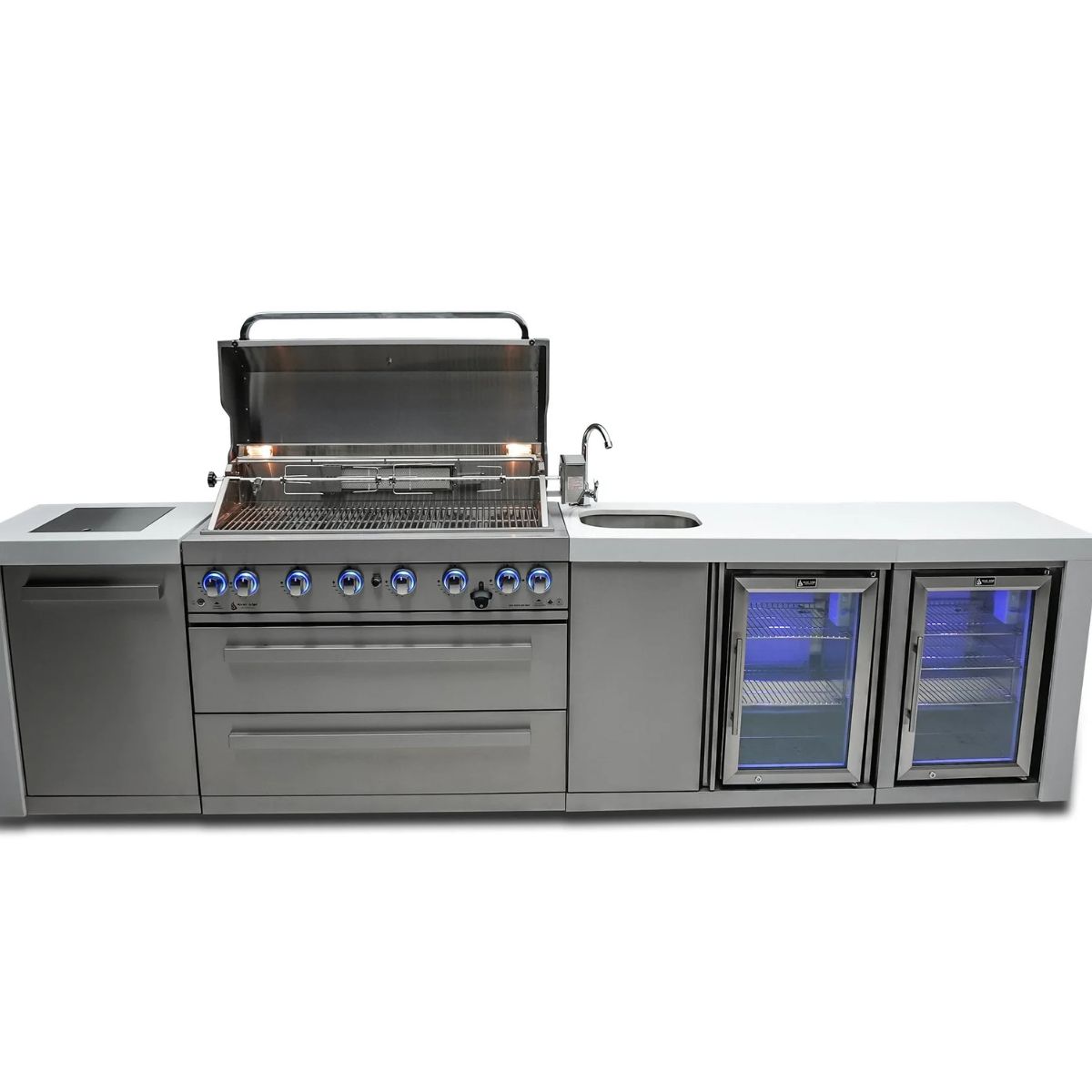 Mont Alpi 6-Burner Deluxe island with beverage center and fridge cabinet