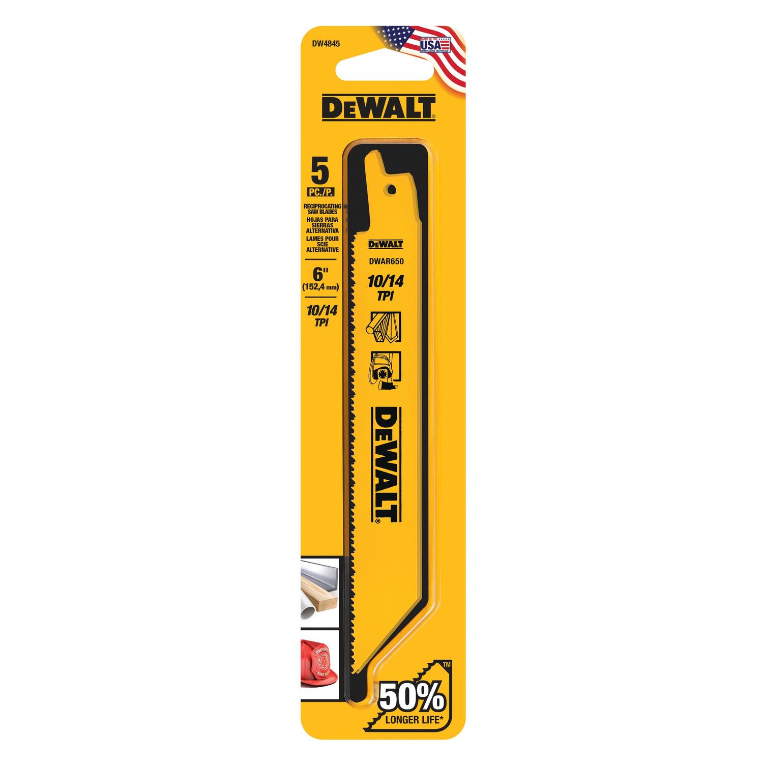 DeWalt 6 in. Bi-Metal Reciprocating Saw Blade 10/14 TPI 5 pk