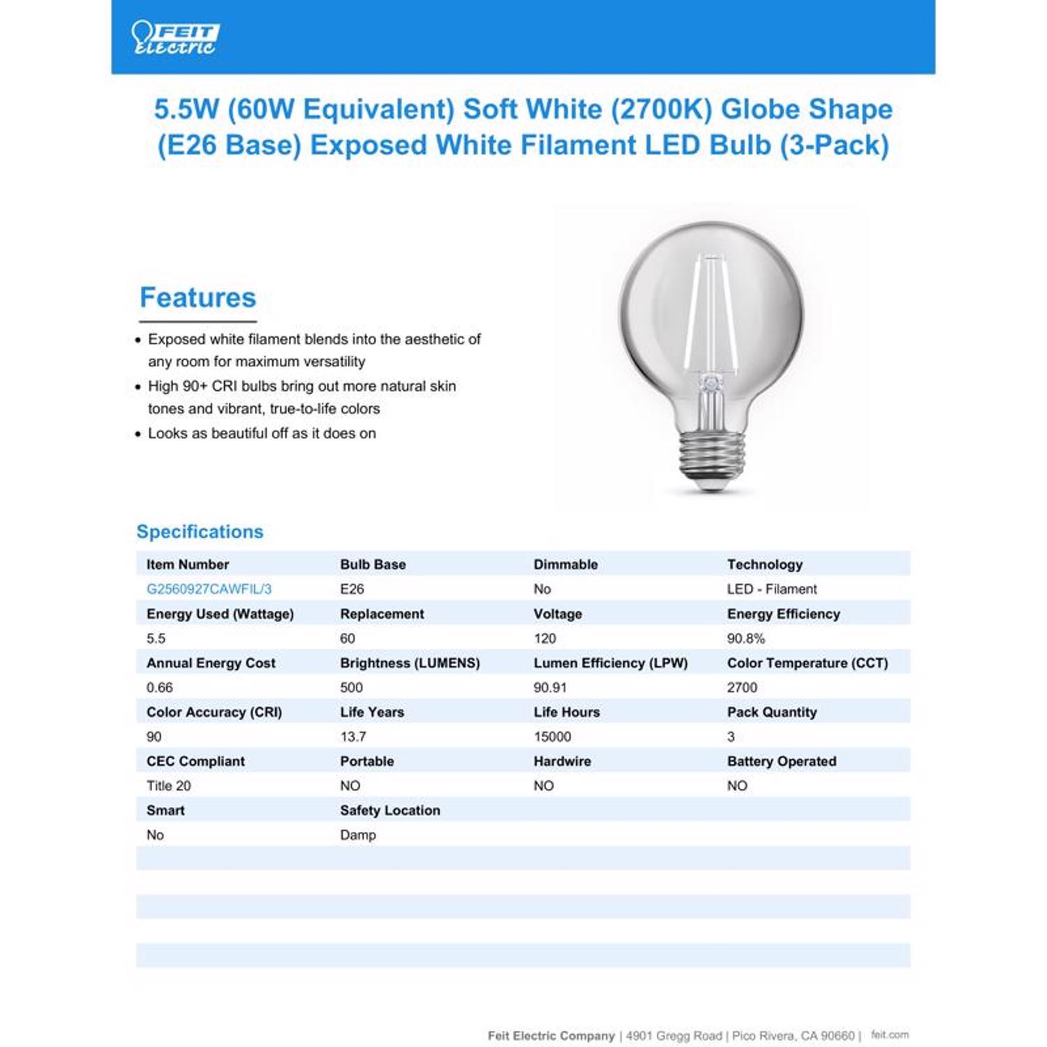 Feit White G25 E26 (Medium) Filament LED Bulb Soft White 60 Watt Equivalence 3 pk