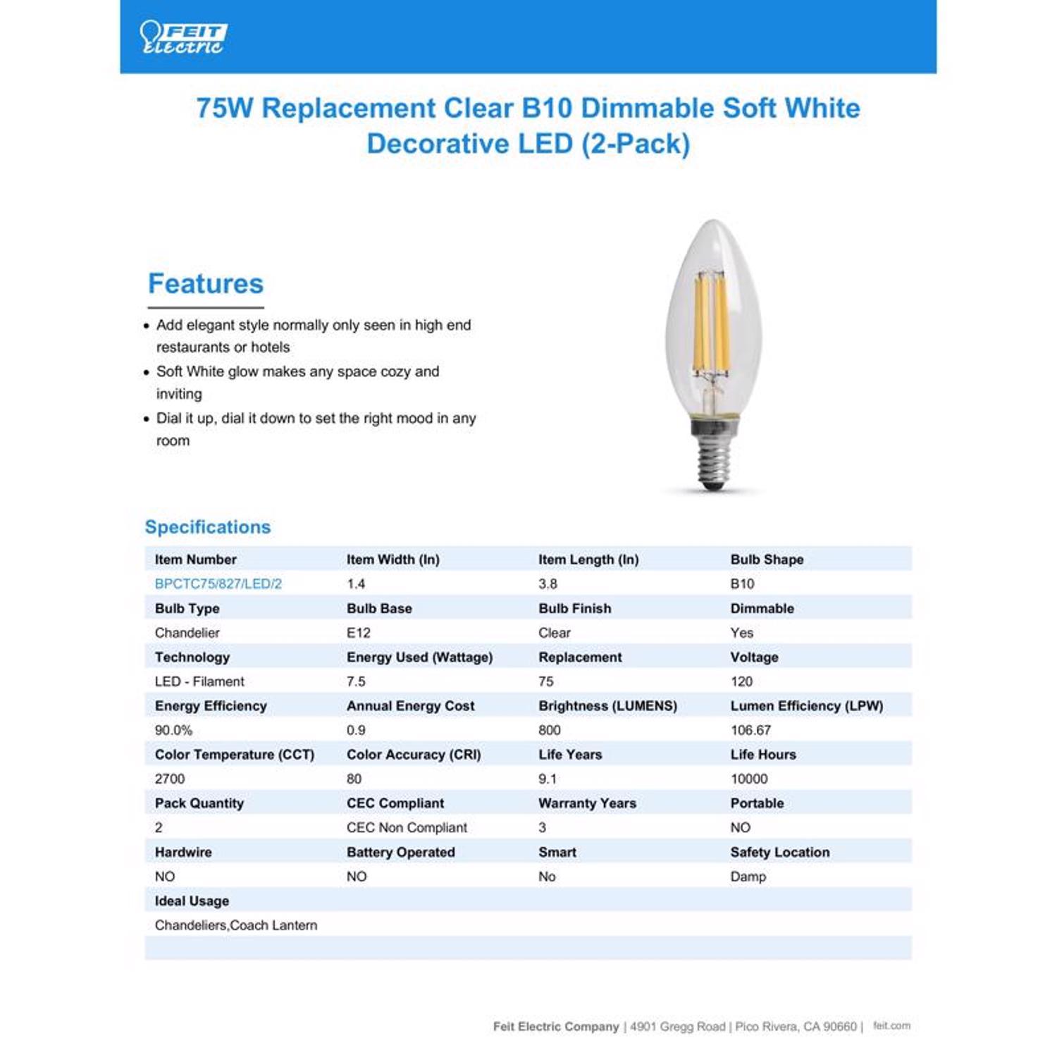 Feit Blunt Tip E12 (Candelabra) LED Bulb Daylight 75 Watt Equivalence 2 Pack