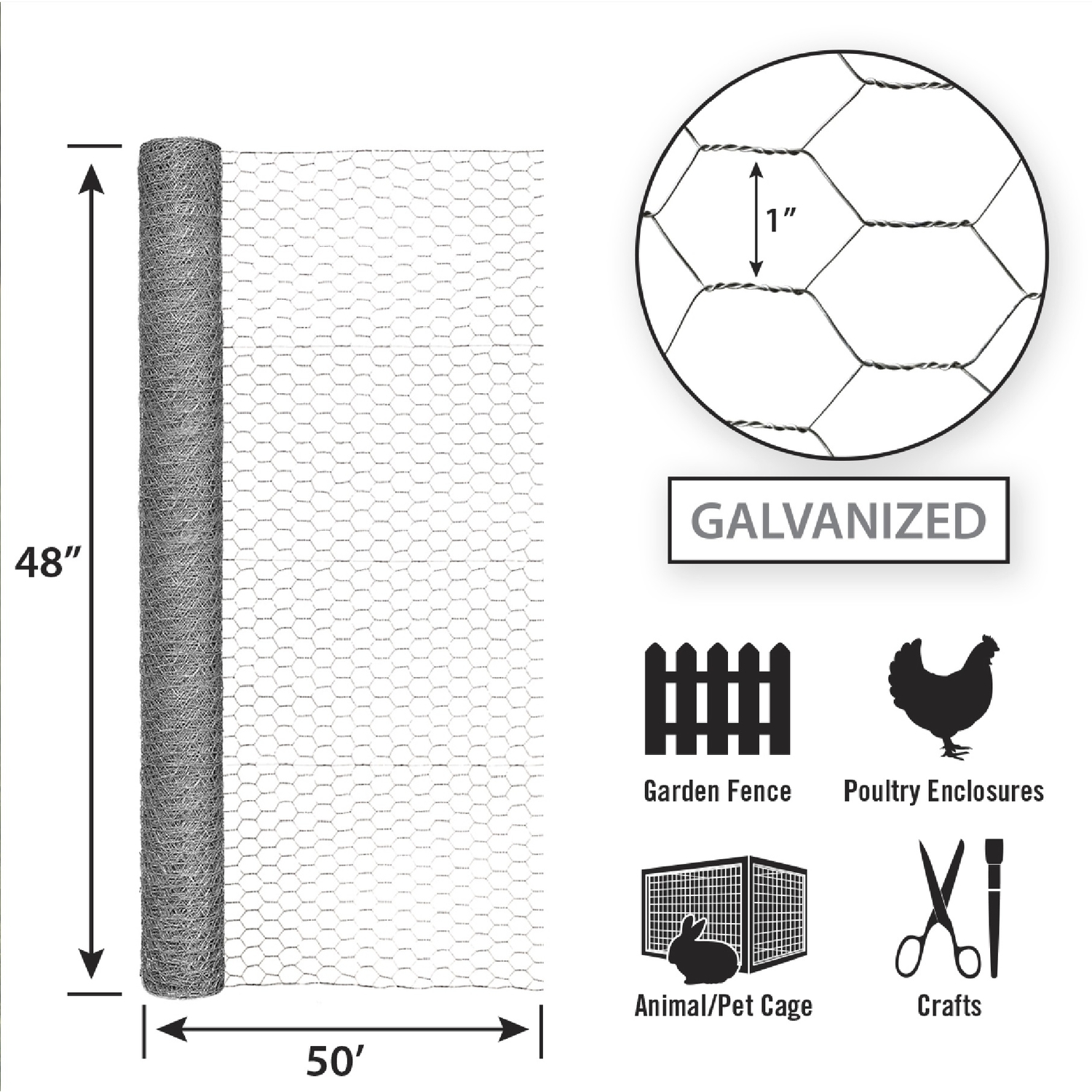 Garden Craft 48in. H x 50in. L Galvanized Steel Poultry Netting 1in.