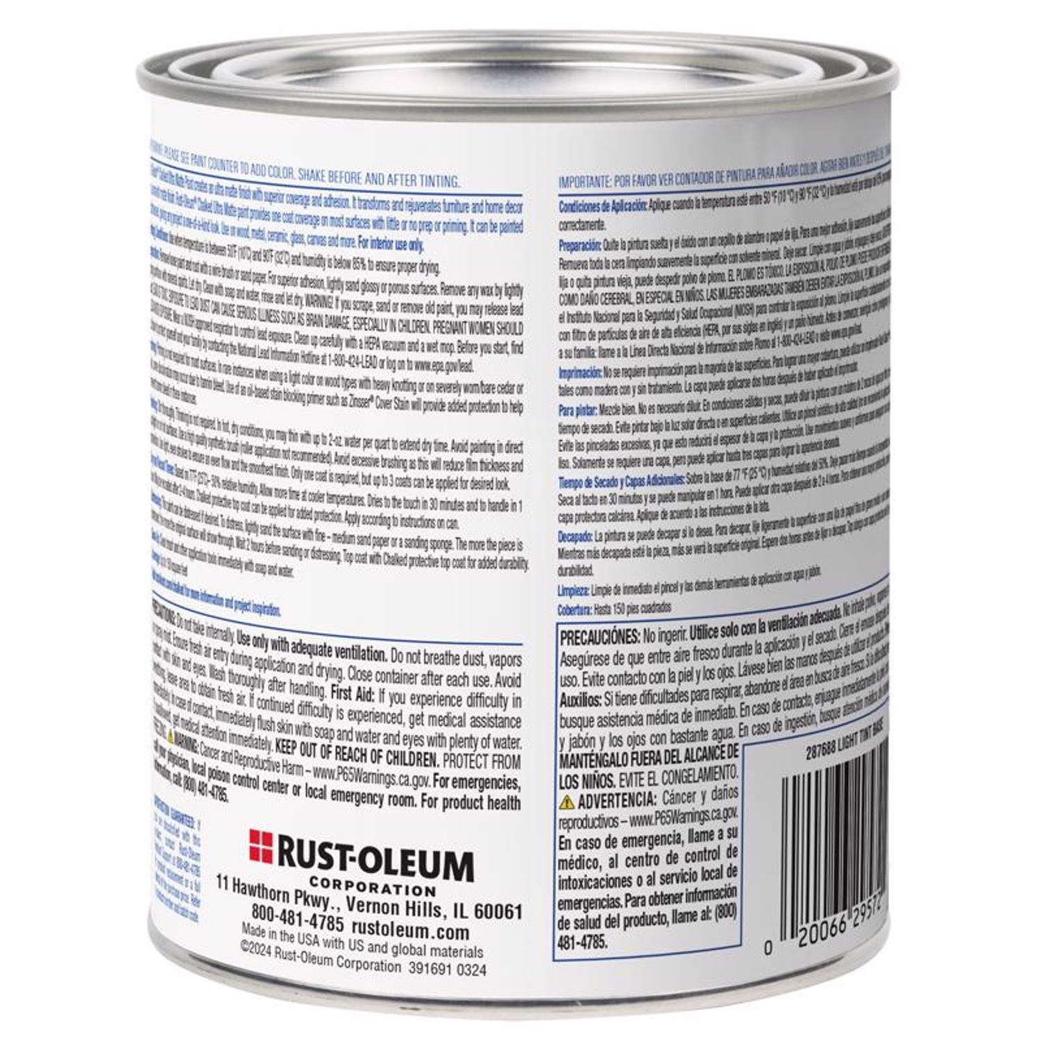 Rust-Oleum Chalked Ultra Matte Light Tint Base Water-Based Acrylic Chalk Paint 30 oz