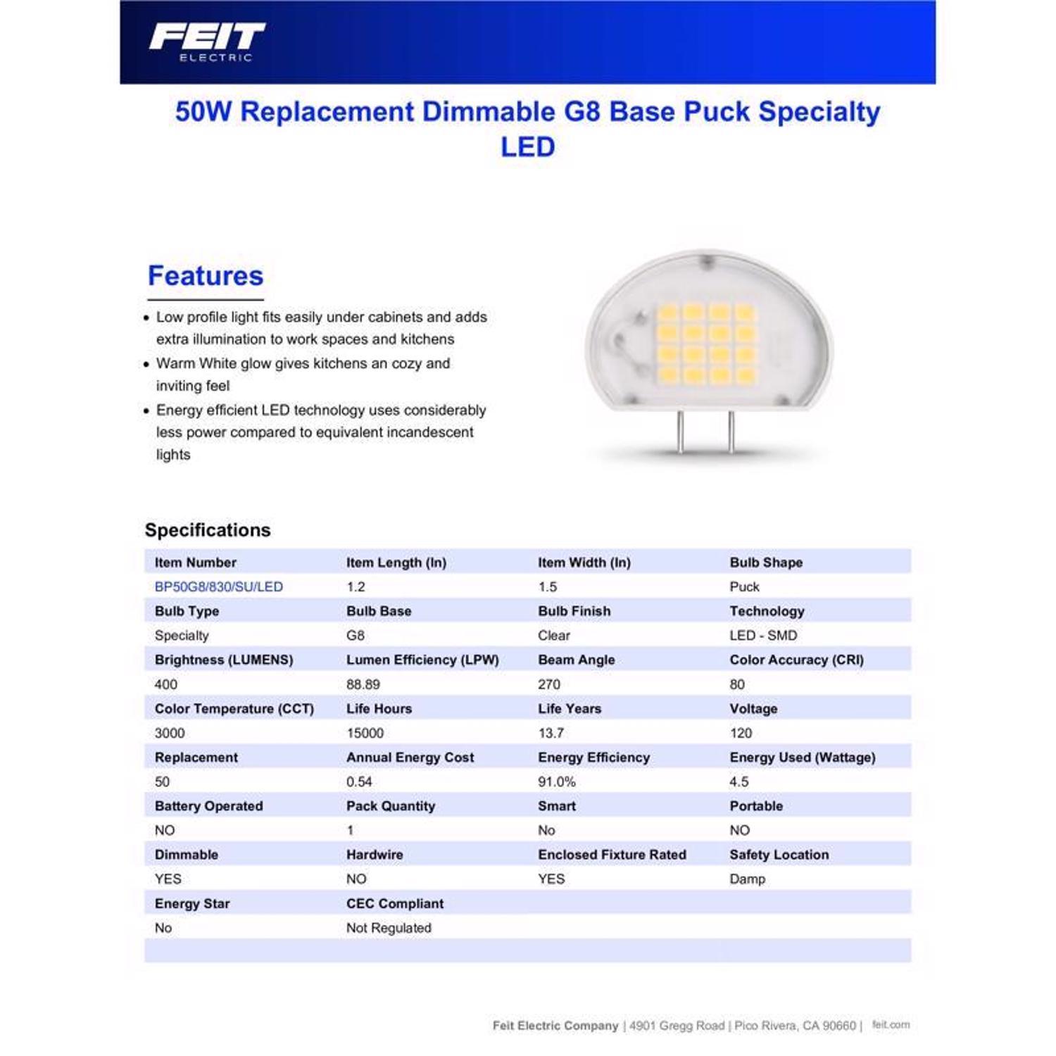 Feit Specialty G8 LED Bulb Bright White 50 Watt Equivalence 1 pk