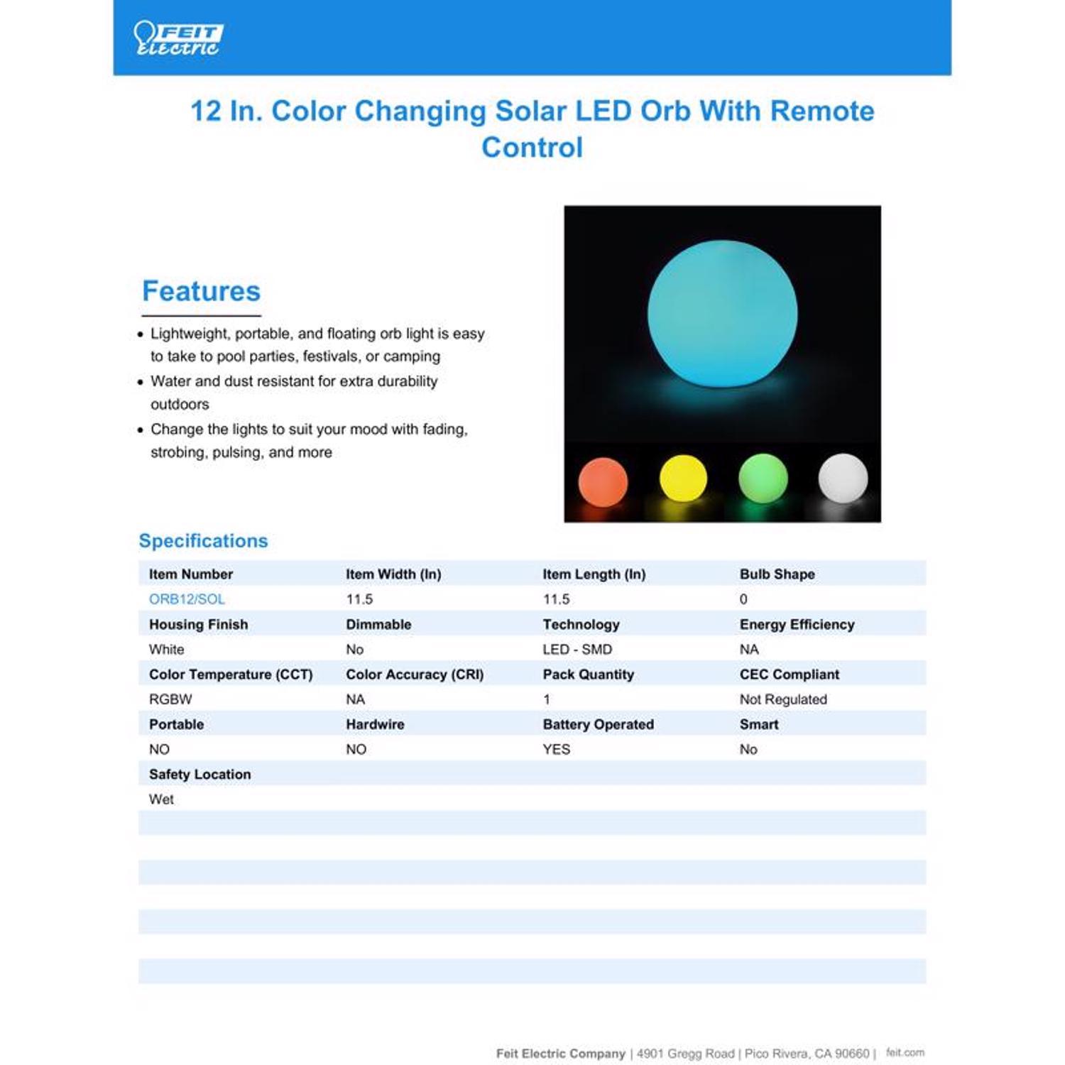 Feit Solar Fixtures 11.5 in. Solar Power Plastic Round Assorted Color Changing Orb