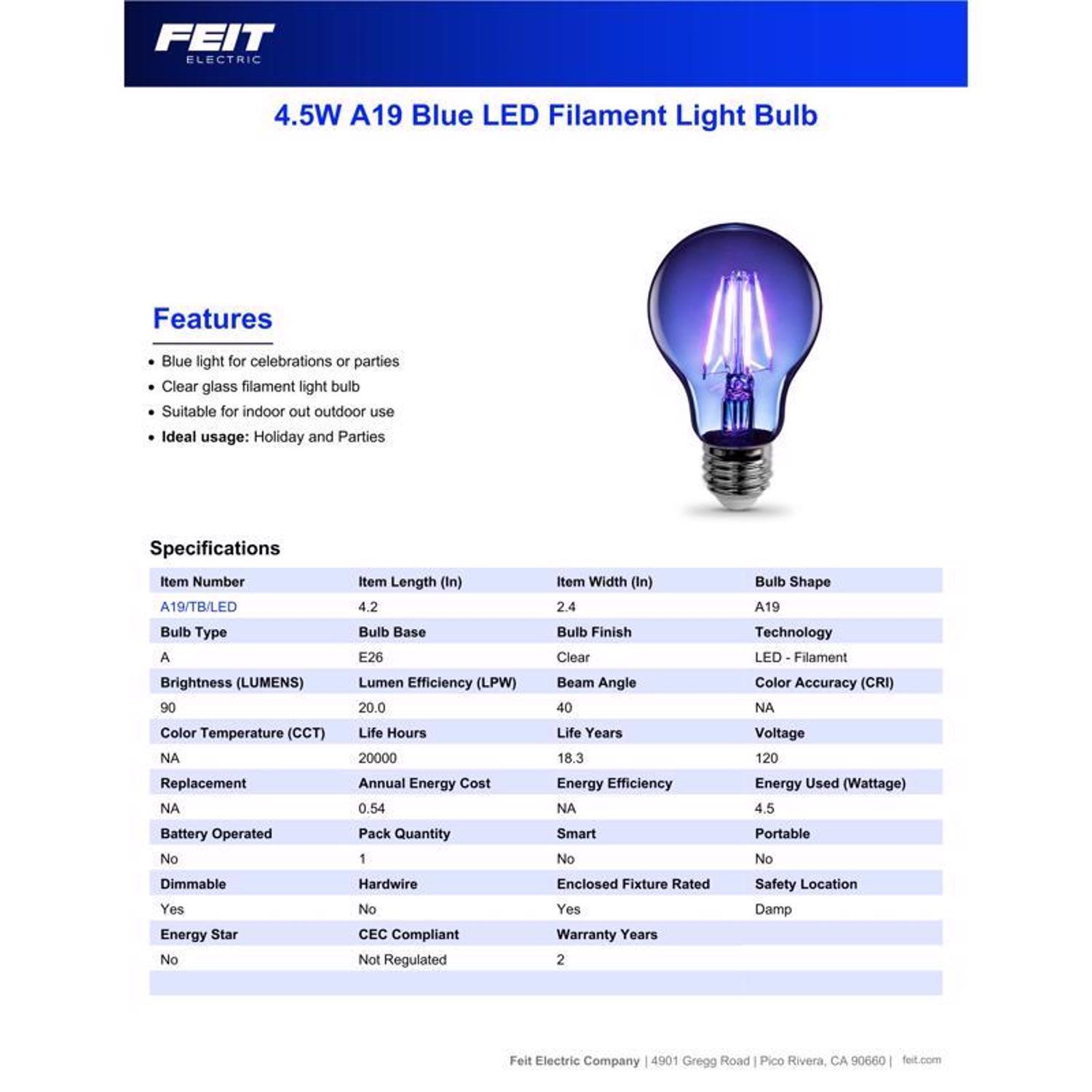 Feit A19 E26 (Medium) Filament LED Bulb Blue 30 Watt Equivalence 1 pk