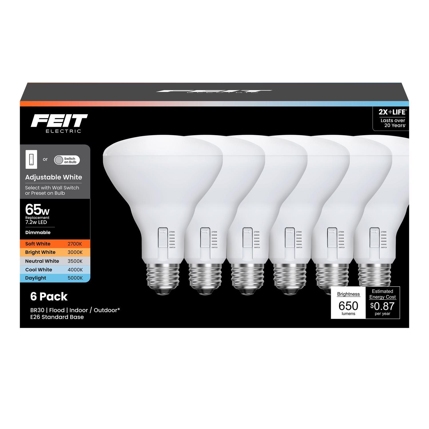 Feit BR30 E26 (Medium) LED Bulb Adjustable White 65 Watt Equivalence 6 Pack