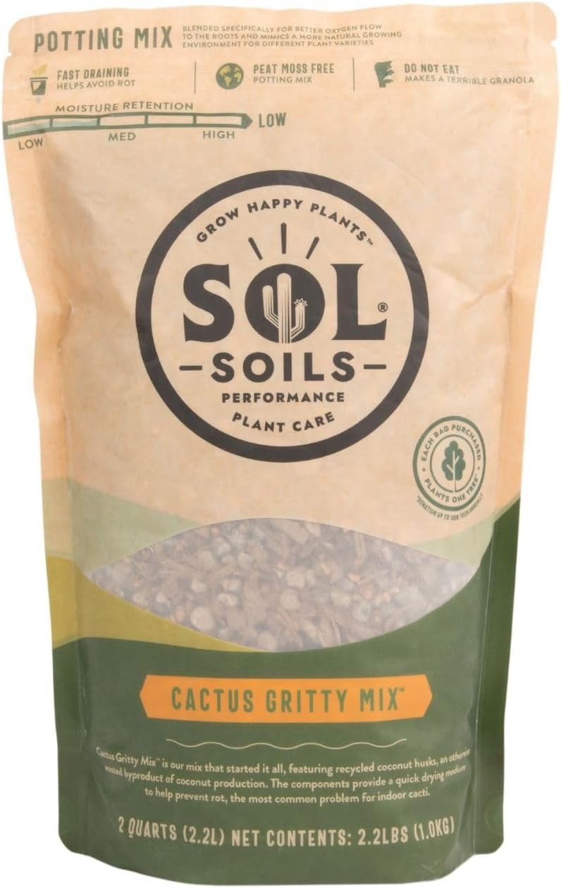 Sol Soils Gritty Cactus Soil Potting Mix - Fast Draining and Peat Moss Free with Coconut Husk Chips, Granite, Calcined Clay & Pumice for Indoor and Outdoor Plants - 2 Quarts