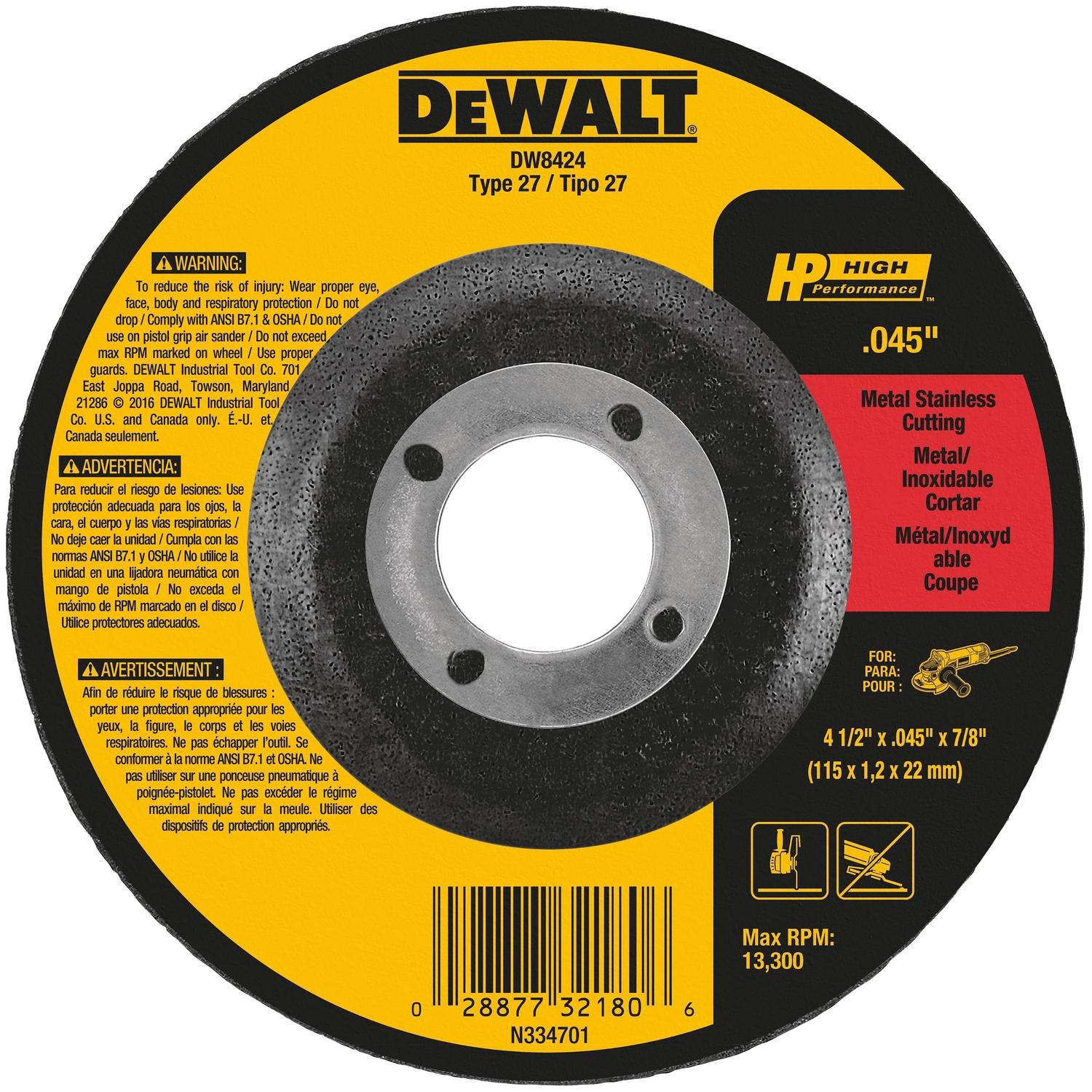 DeWalt High Performance 4-1/2 in. D X 7/8 in. Aluminum Oxide Cut-Off Wheel 1 pk
