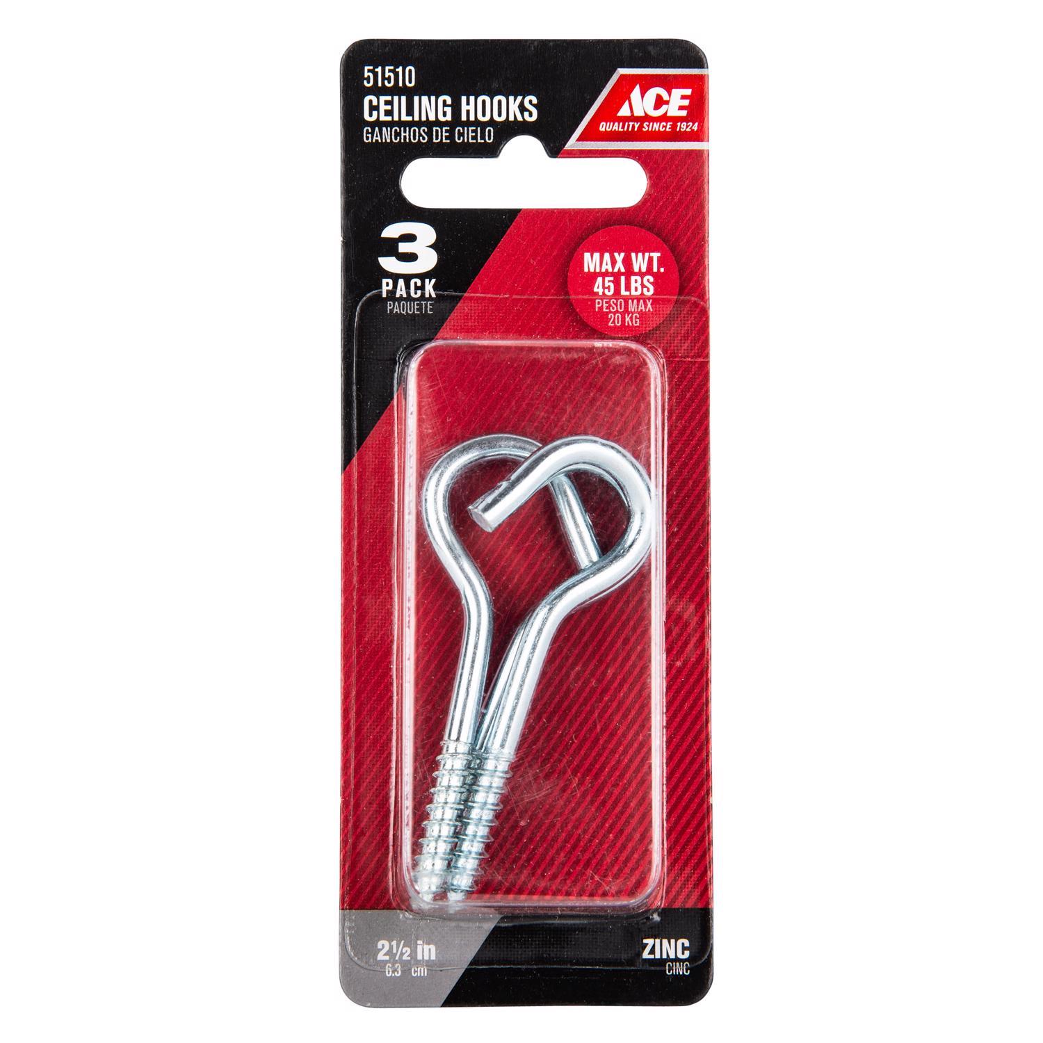 Ace Small Silver Steel 2.4375 in. L Ceiling Hook 45 lb 3 pk