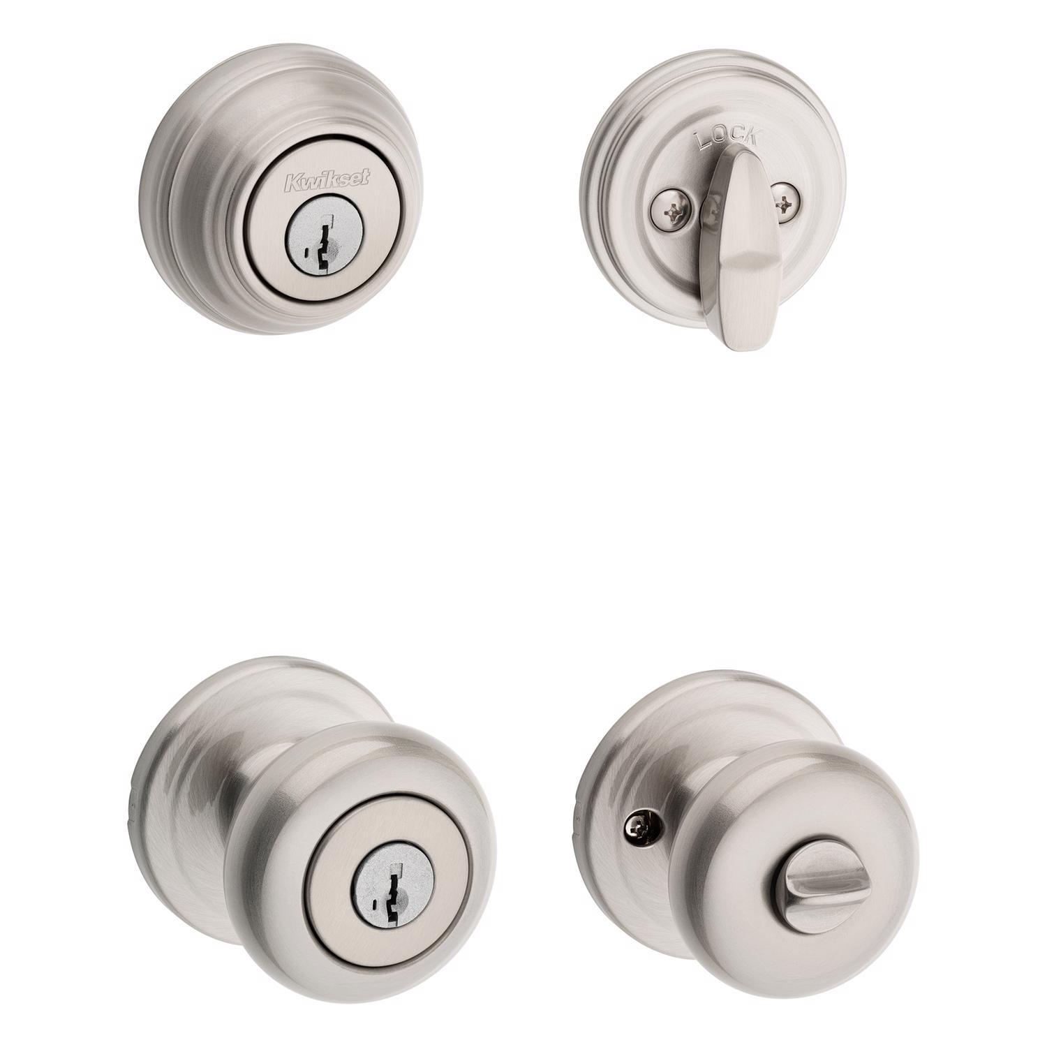 Kwikset SmartKey Juno Satin Nickel Deadbolt and Entry Door Knob KW1 1-3/4 in.