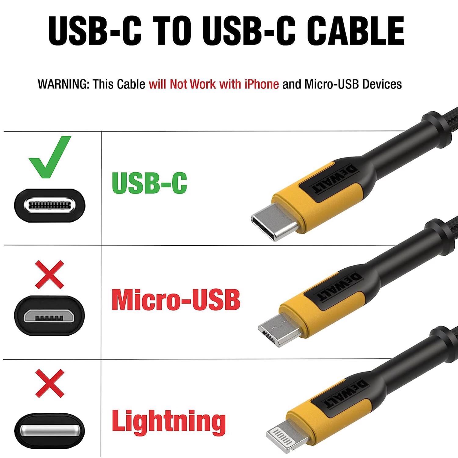 DeWalt Type C to Type C Cable 6 ft. Black/Yellow
