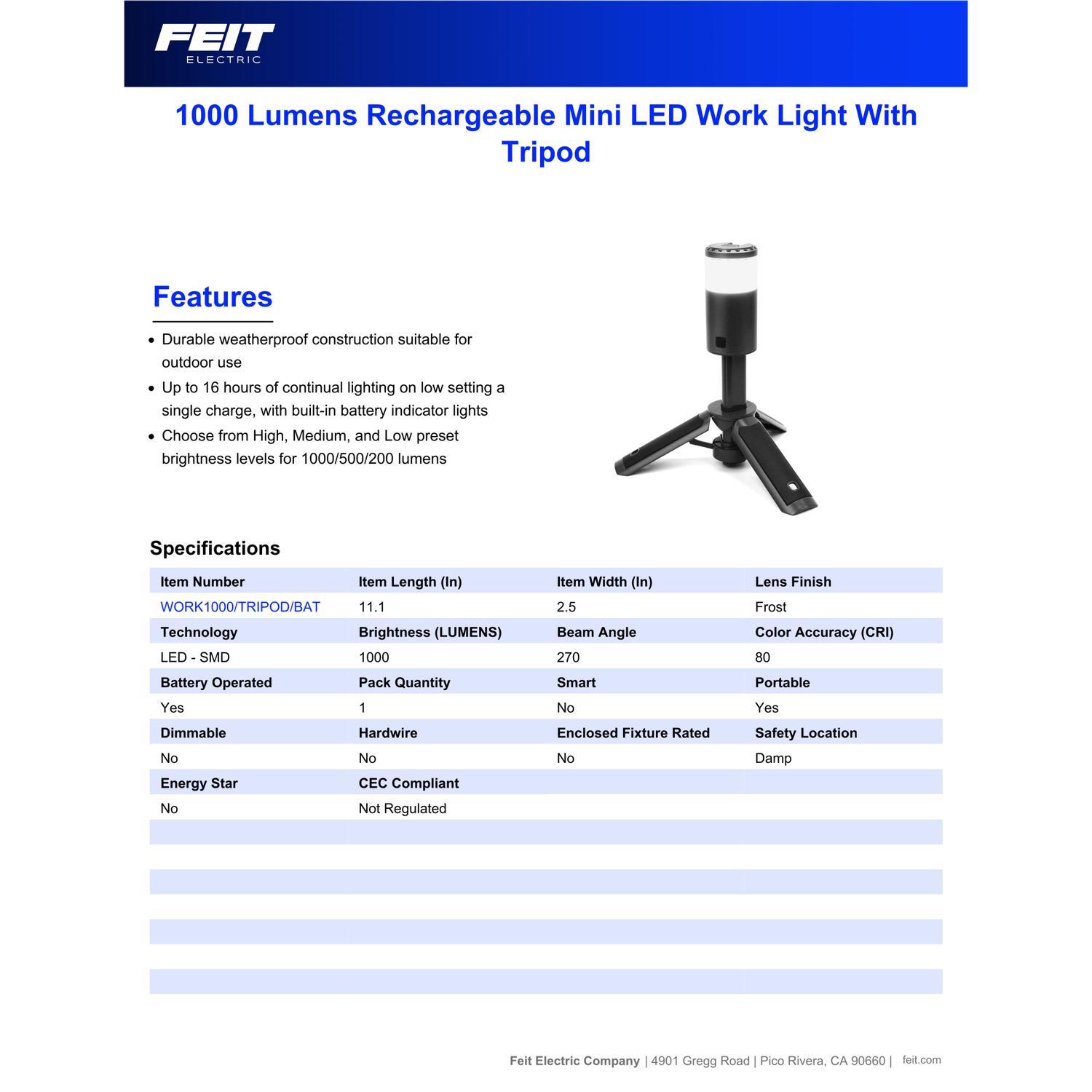 Feit 1000 lm LED Rechargeable Tripod Work Light w/Tripod