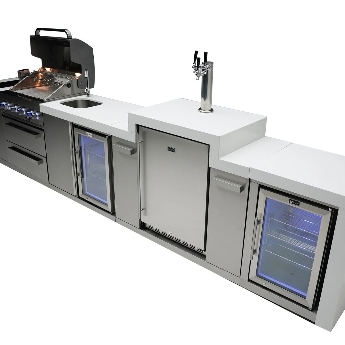 Mont Alpi 4-burner Deluxe Island with a kegerator, beverage center, and fridge cabinet