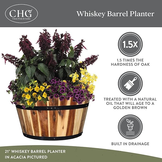Classic Home and Garden 110024 Whiskey Barrel Planter, 1 Pack, Acacia