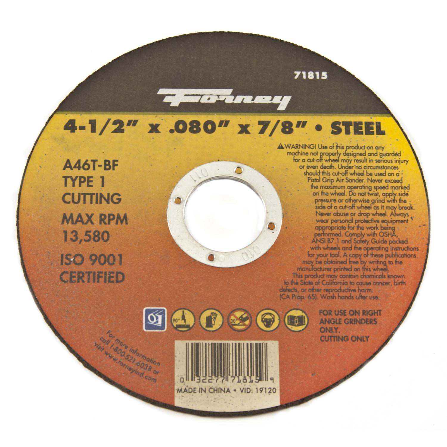 Forney 4-1/2 in. D X 7/8 in. Aluminum Oxide Metal Cut-Off Wheel 1 pc