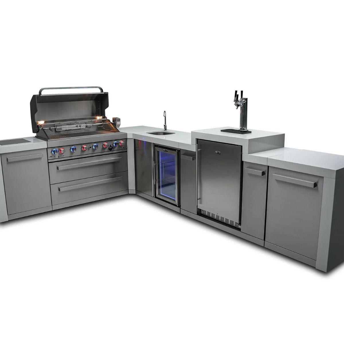 Mont Alpi 6-Burner Deluxe Island with a 90-Degree Corner, Kegerator, and Beverage Center