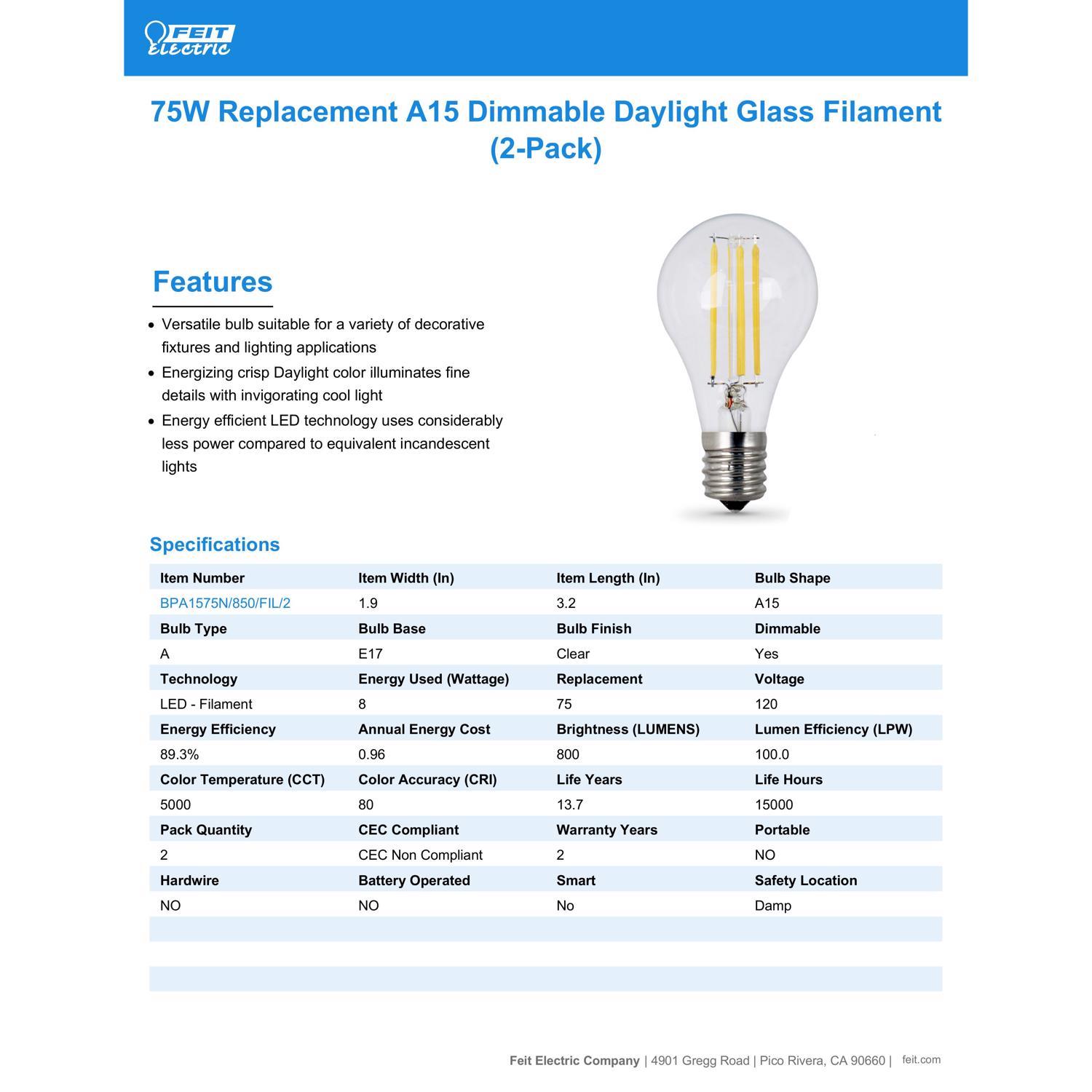 Feit A15 E17 (Intermediate) Filament LED Bulb Daylight 75 Watt Equivalence 2 Pack