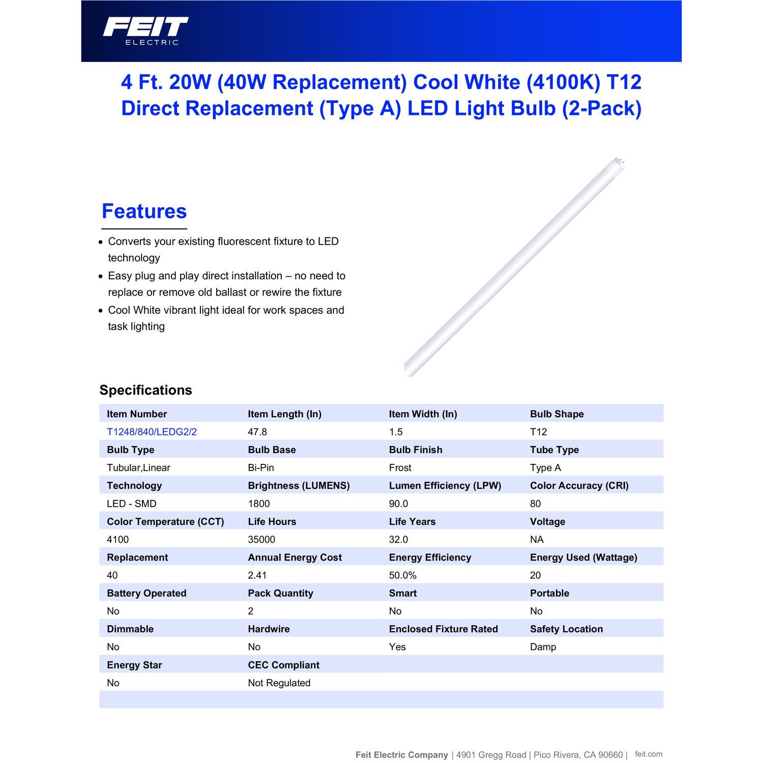 Feit Plug & Play T12 Cool White 48 in. G13 (Medium Bi-Pin) Linear LED Bulb 40 Watt Equivalence 2 pk