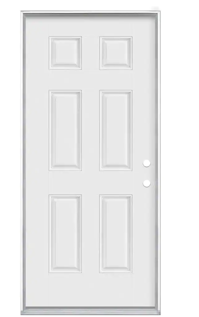 3' x 6'8" 6-Panel Left Hand Inswing Primed White Smooth Fiberglass Prehung Front Exterior Door with a Vinyl Frame