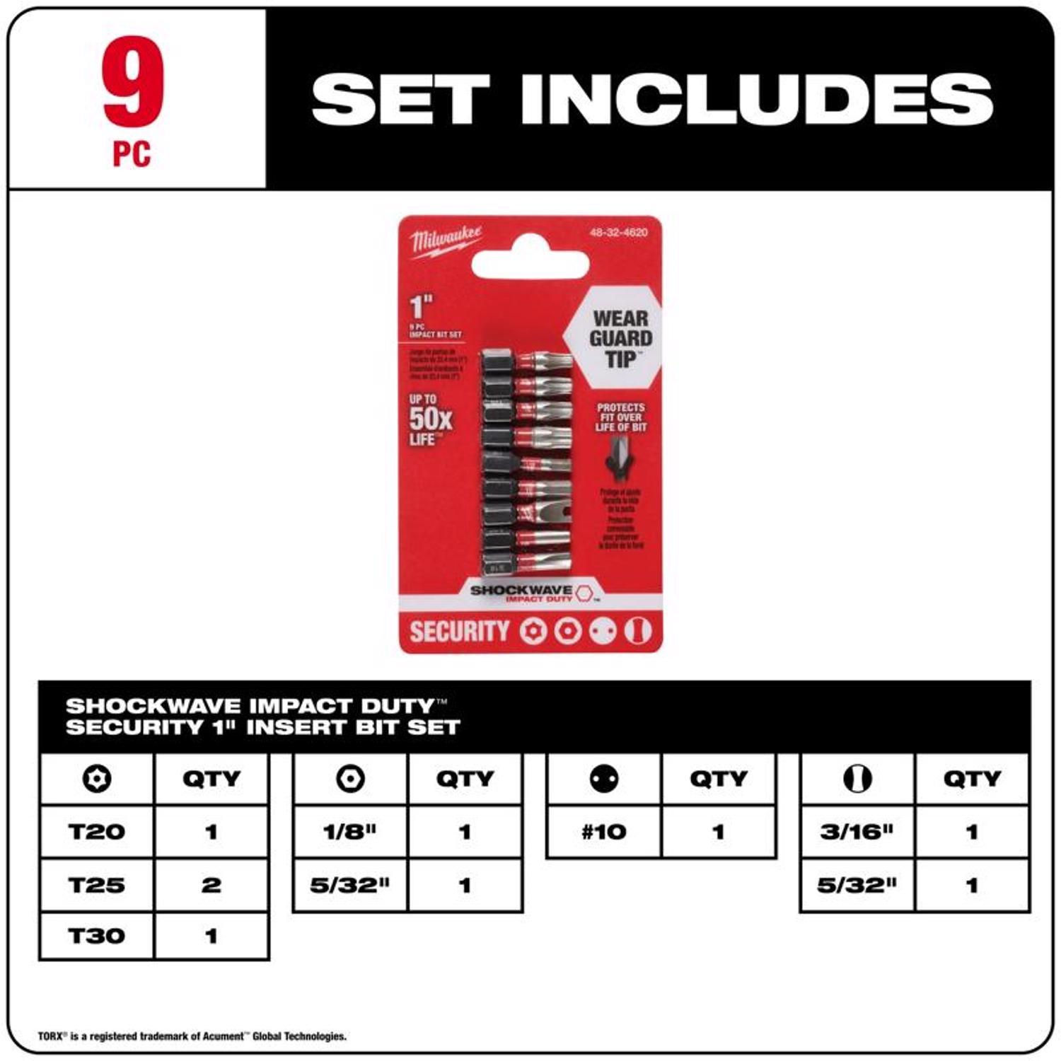 Milwaukee Shockwave Assorted 1 in. L Impact Security Insert Bit Set Steel 9 pc