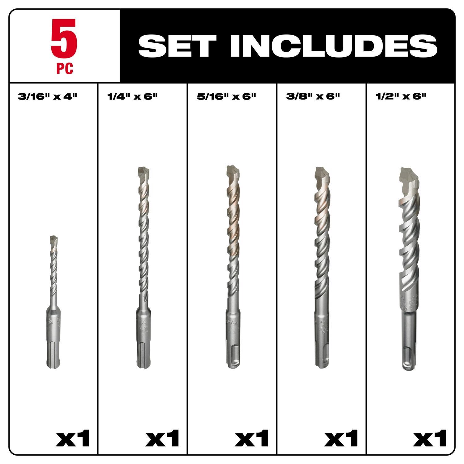 Milwaukee M/2 Carbide Tipped Hammer Bit Set SDS-Plus Shank 5 pc