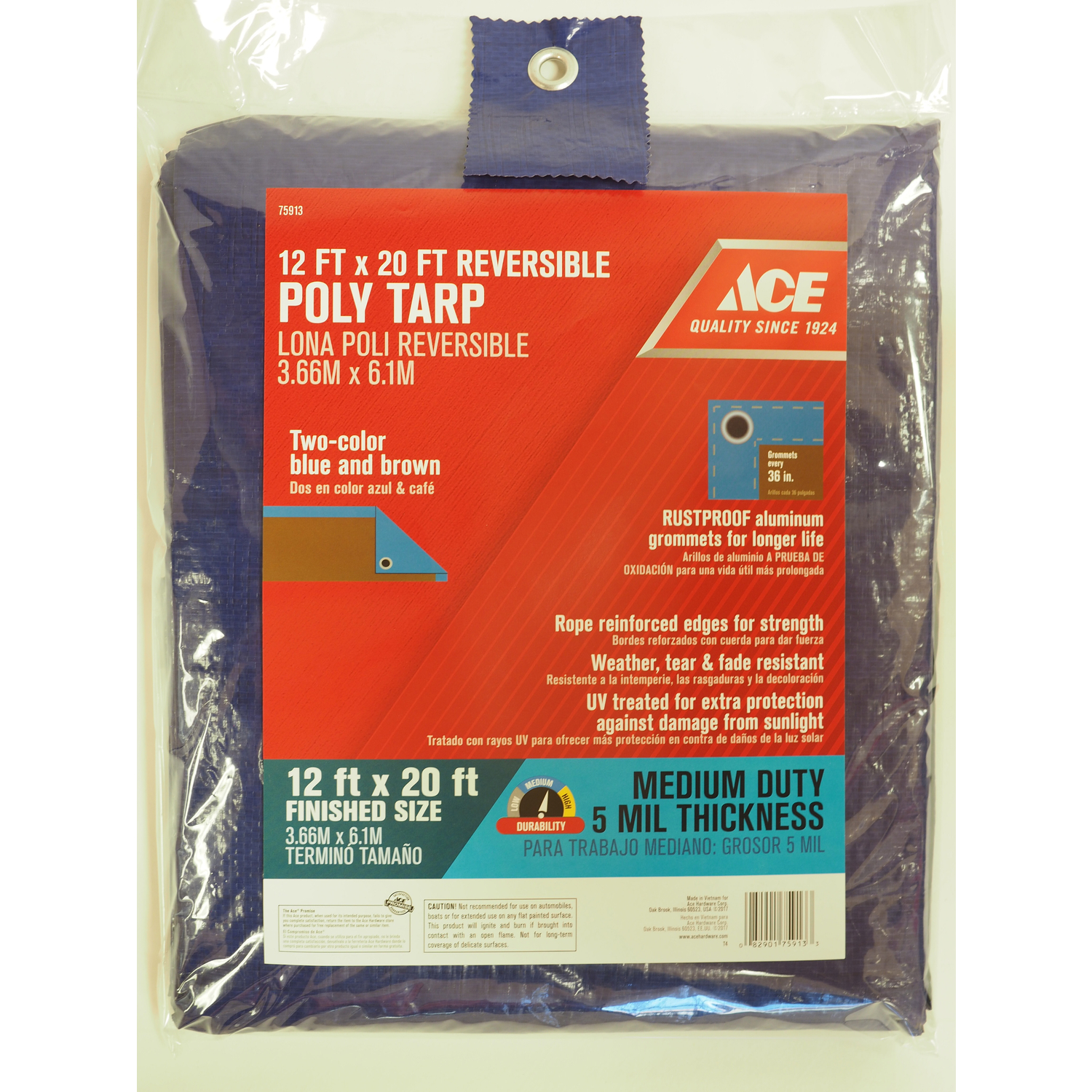 Ace 12 ft. W X 20 ft. L Medium Duty Polyethylene Tarp Blue/Brown