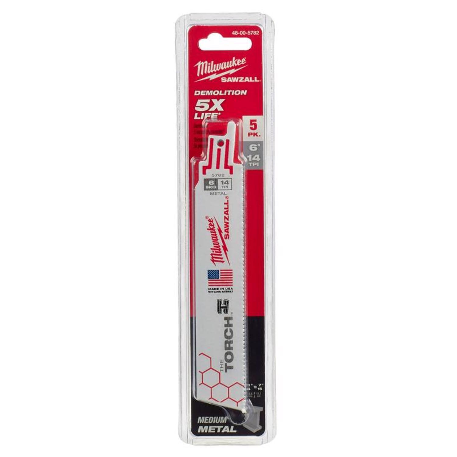 Milwaukee The Torch 6 in. Bi-Metal Reciprocating Saw Blade 14 TPI 5 pk