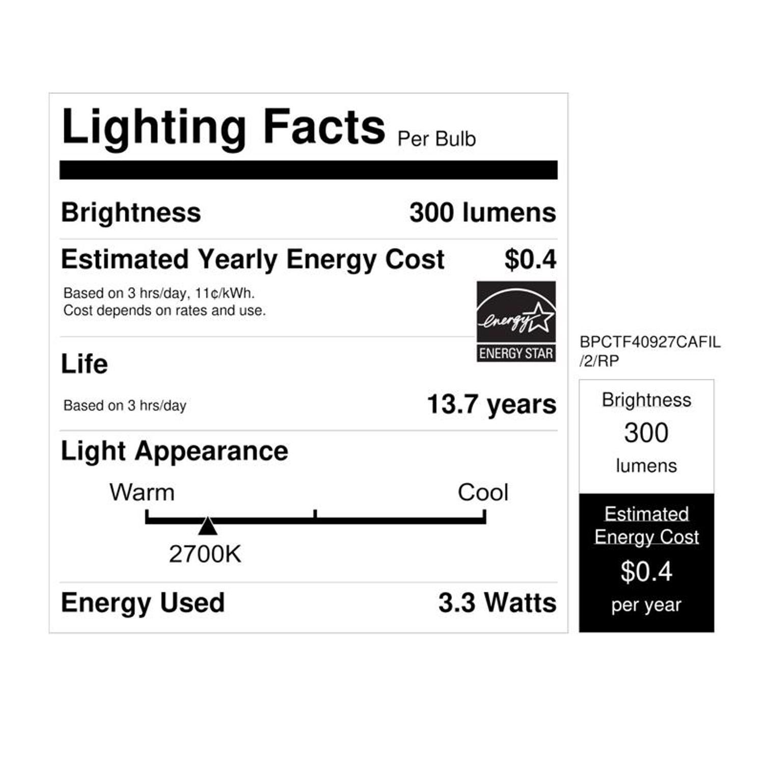 Feit Enhance B10 E12 (Candelabra) Filament LED Bulb Soft White 40 Watt Equivalence 2 pk