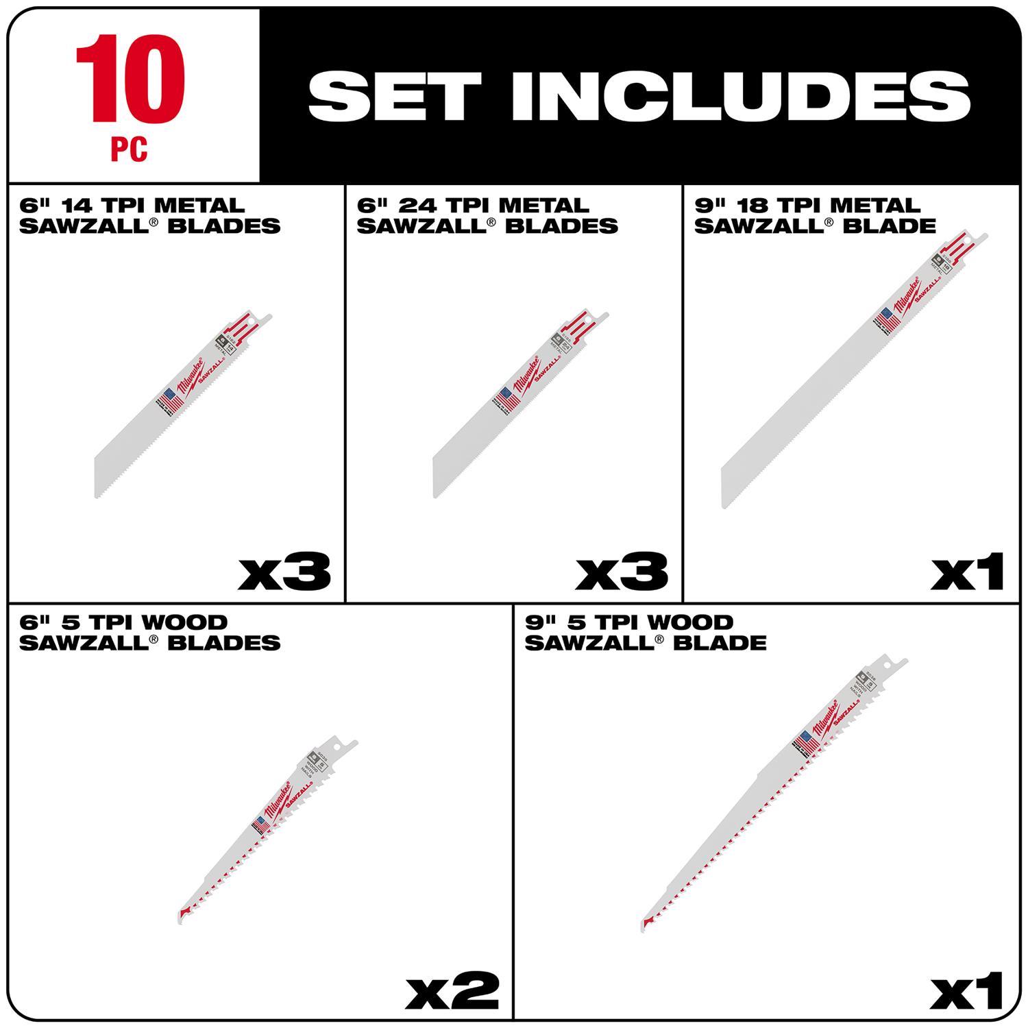 Milwaukee Sawzall 6 and 9 in. Bi-Metal Demolition Blade Set Multi TPI 10 pc