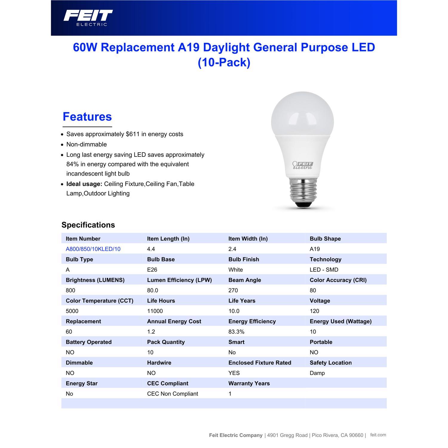 Feit A19 E26 (Medium) LED Bulb Daylight 60 Watt Equivalence 10 pk