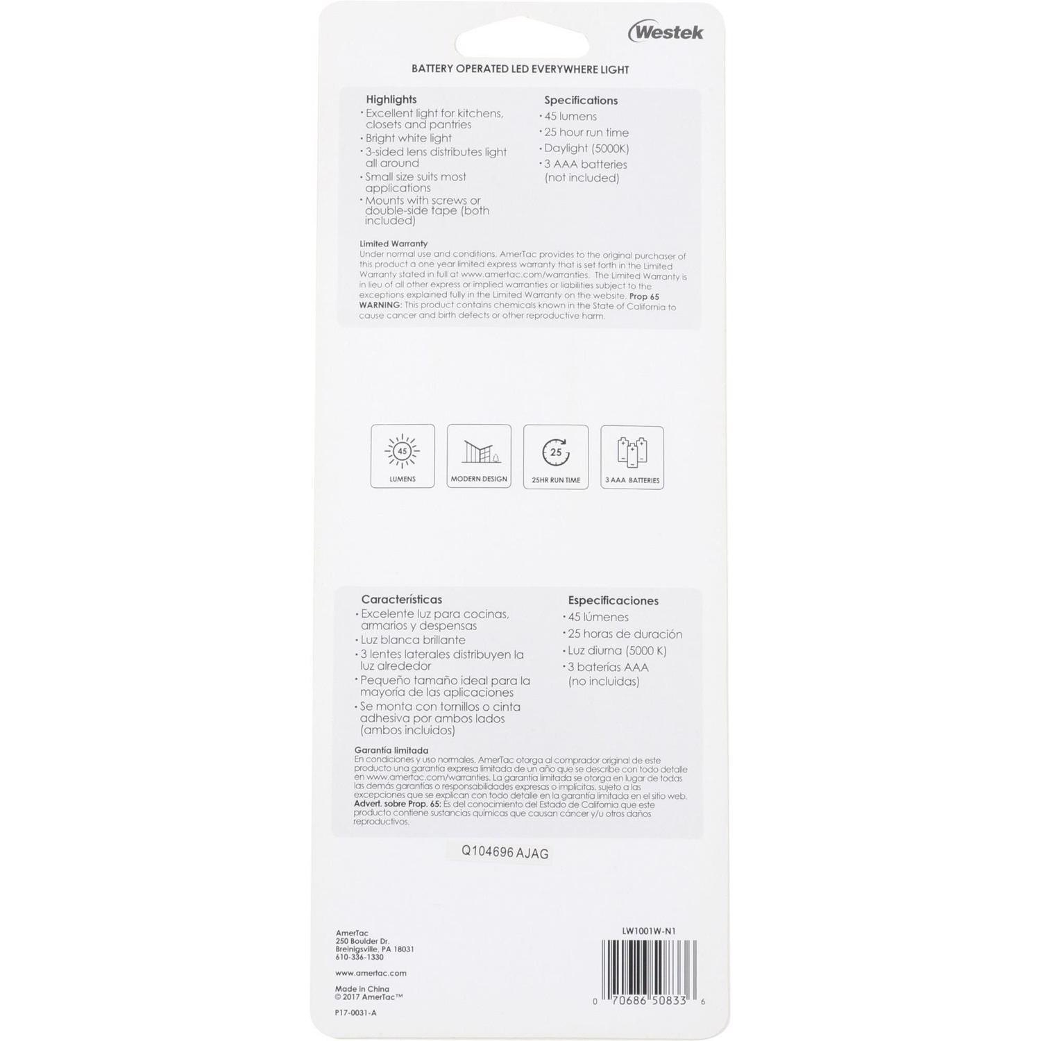 Westek 7.85 in. L White Battery Powered LED Light Bar 45 lm