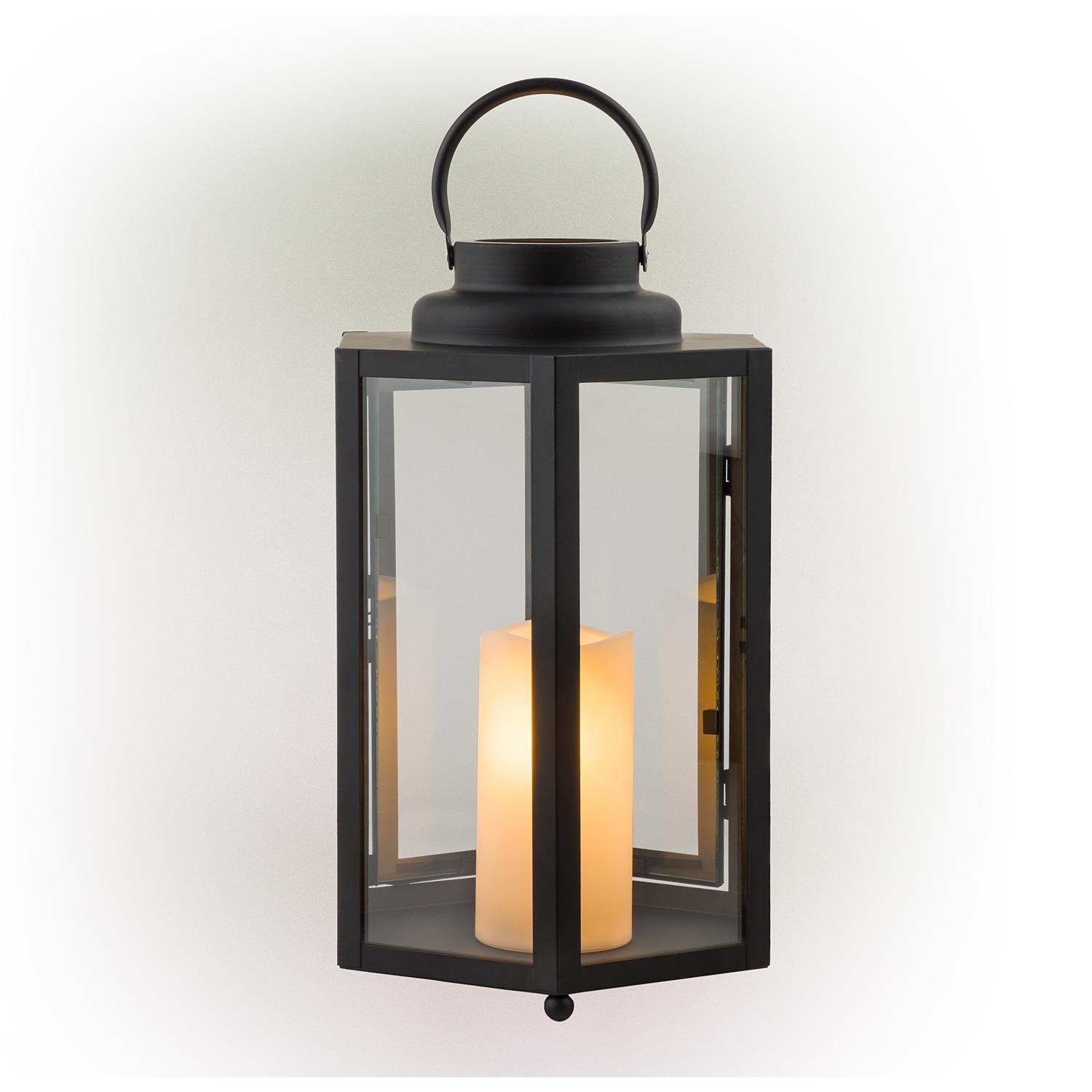 Alpine 14 in. Glass/Plastic Decorative Black Flameless Lantern