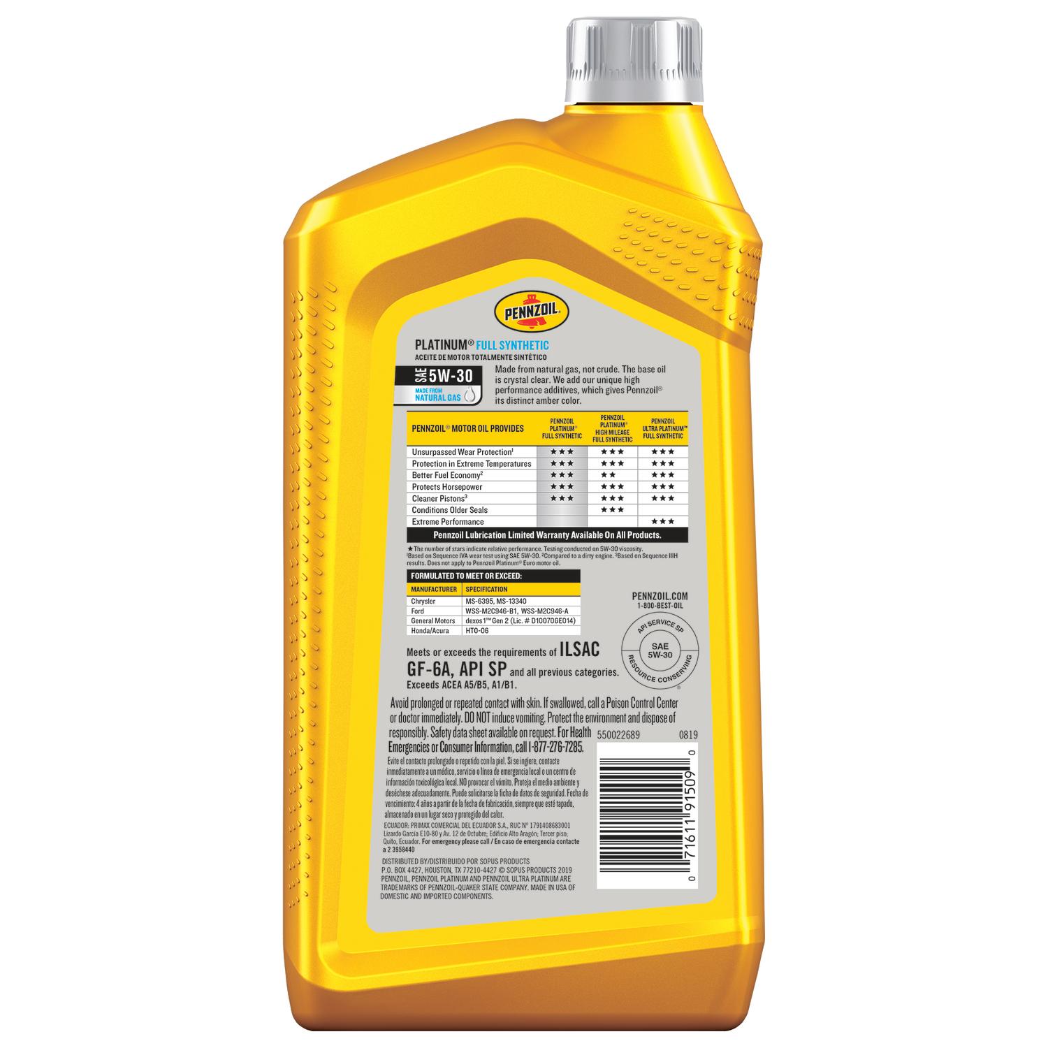 Pennzoil Platinum 5W-30 Synthetic Motor Oil 1 qt 1 pk