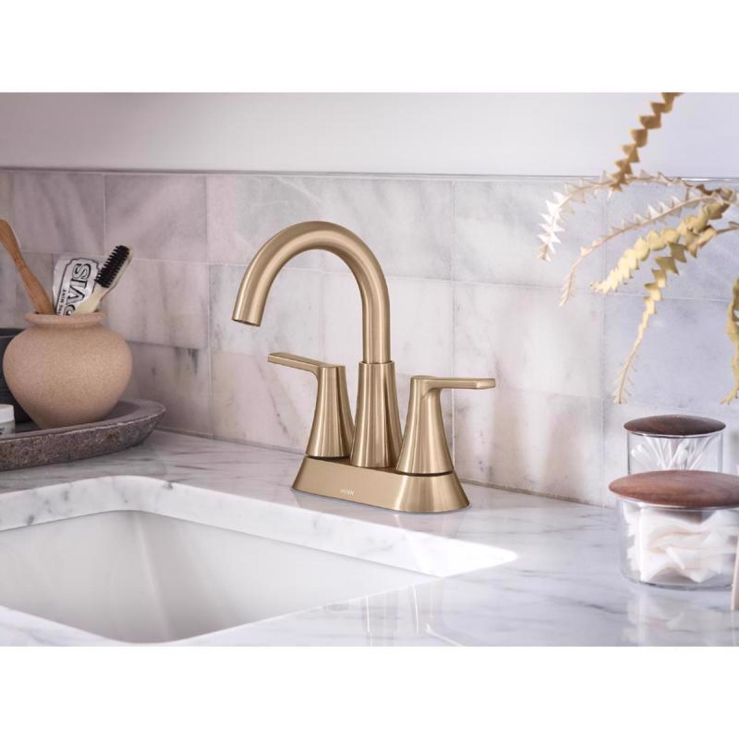 Moen Mikah Bronzed Gold Contemporary Two-Handle Bathroom Sink Faucet 4 in.