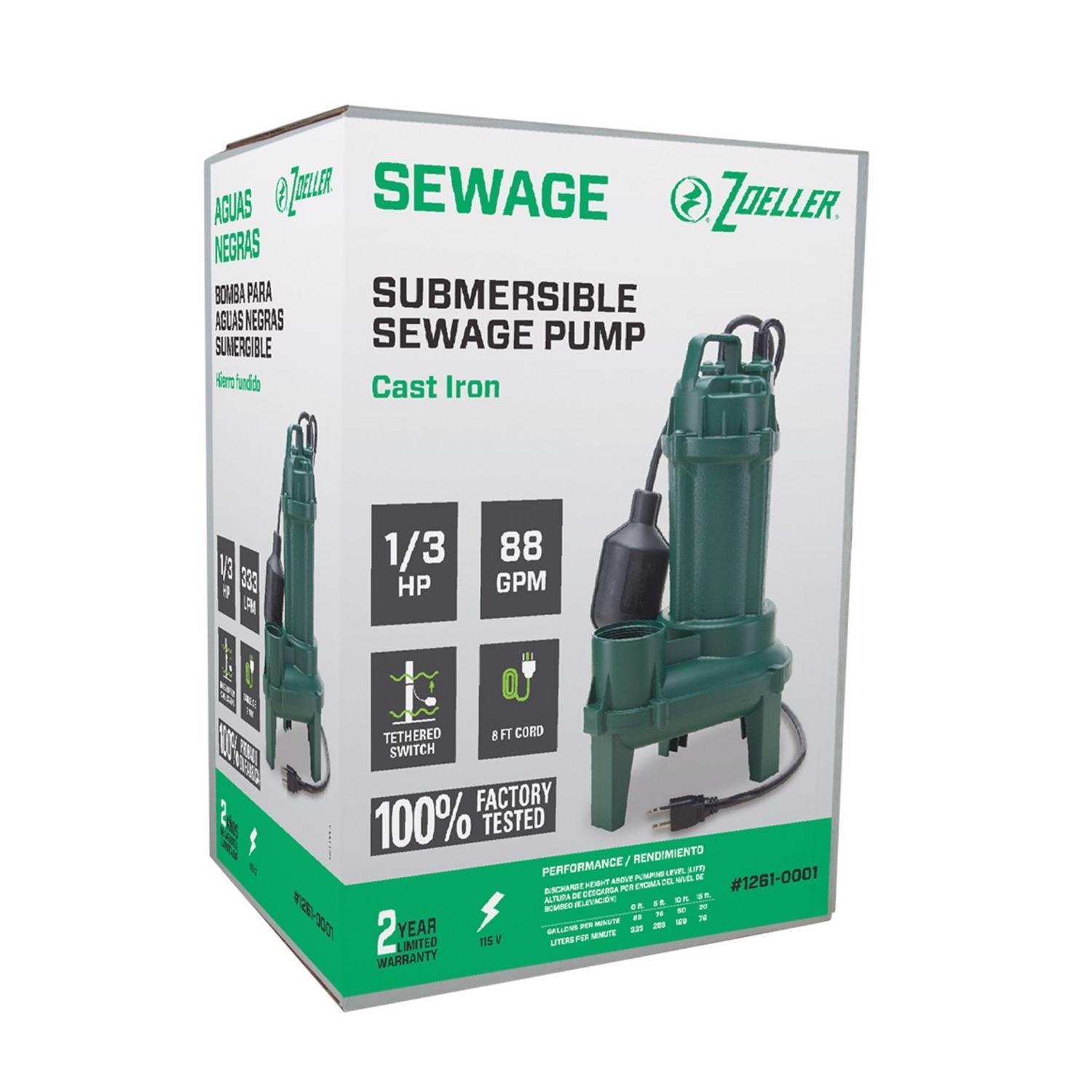 Zoeller 1/3 HP 5280 gph Cast Iron Tethered Float Switch Sewage Pump
