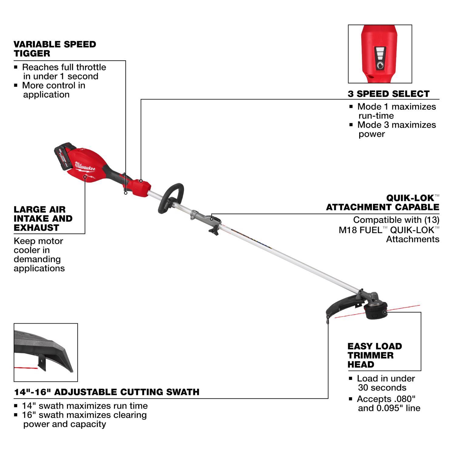 Milwaukee M18 FUEL Quik-Lok 3016-21ST 16 in. 18 V Battery String Trimmer Kit (Battery & Charger)