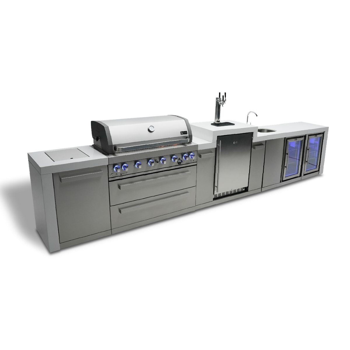 Mont Alpi 6-burner Deluxe Island with a kegerator, beverage center, and fridge cabinet
