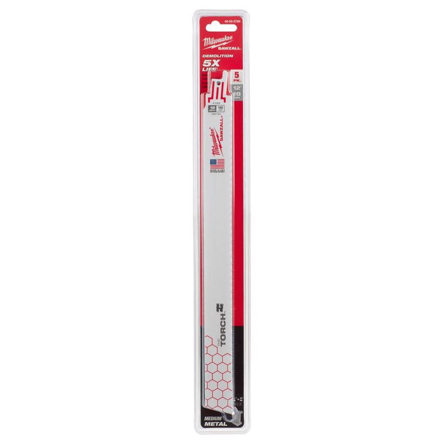 Milwaukee The Torch 12 in. Bi-Metal Reciprocating Saw Blade 18 TPI 5 pk