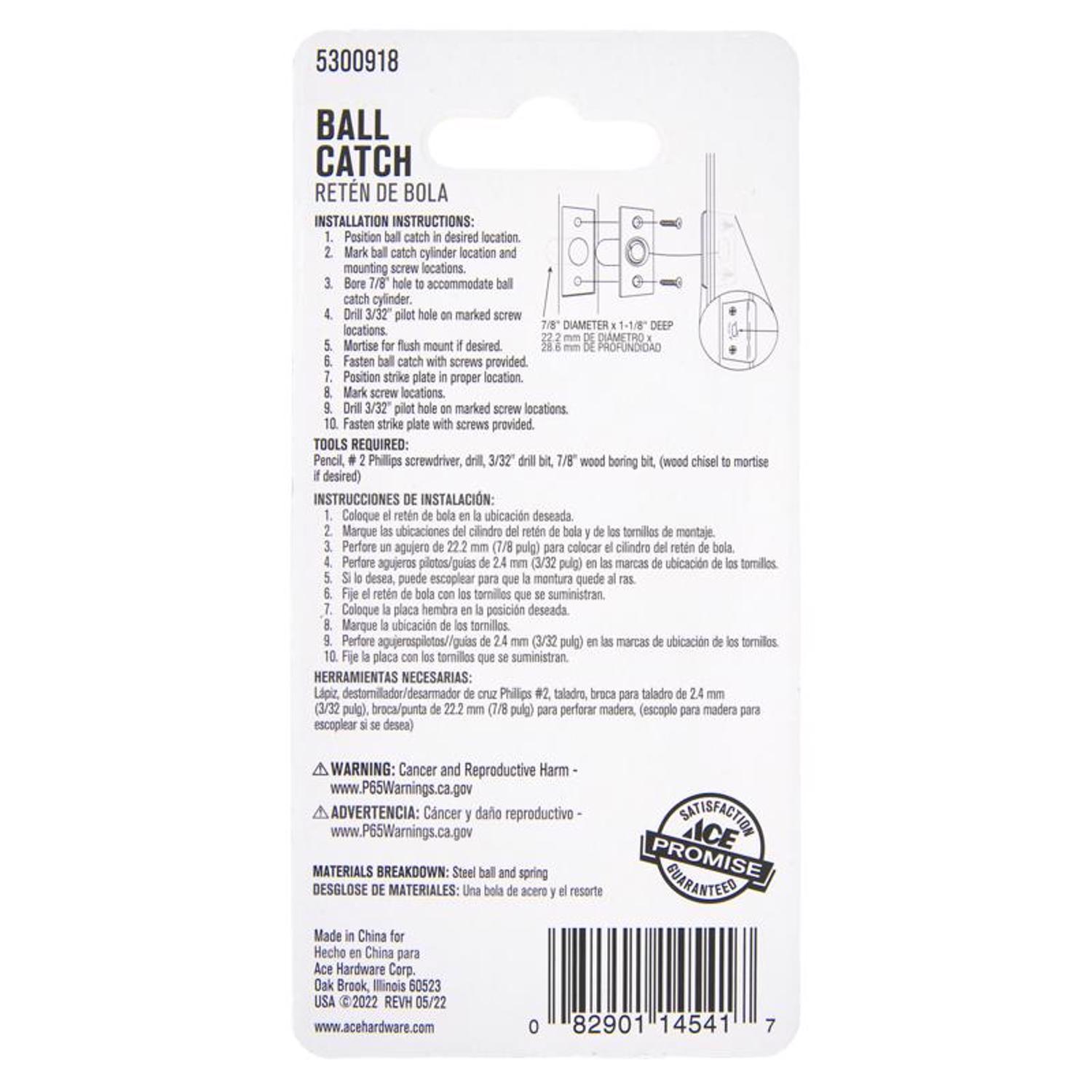 Ace 1 in. H X 1 in. W X 2.1 in. D Brass Ball Catch