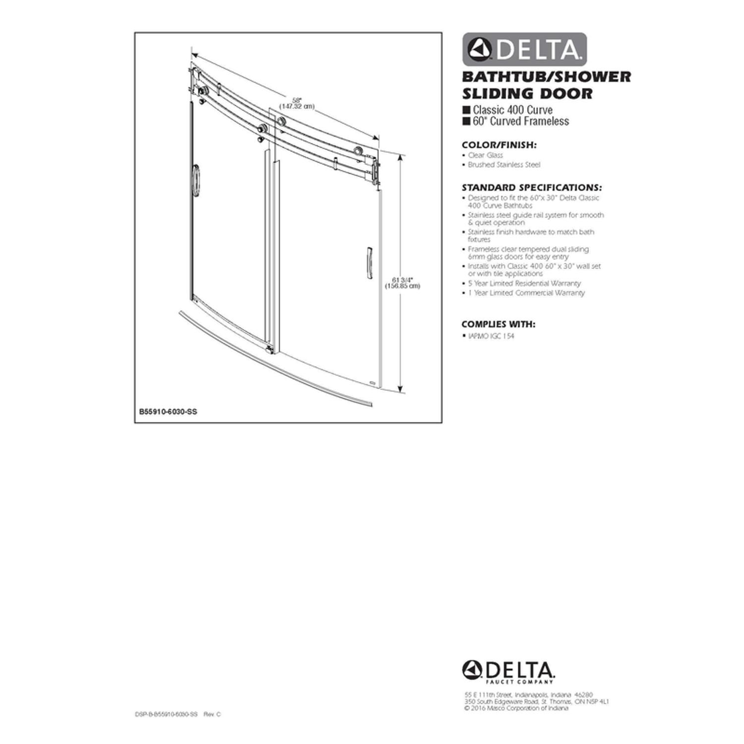 Delta Classic 400 60 in. H X 30 in. L Clear Shower Door