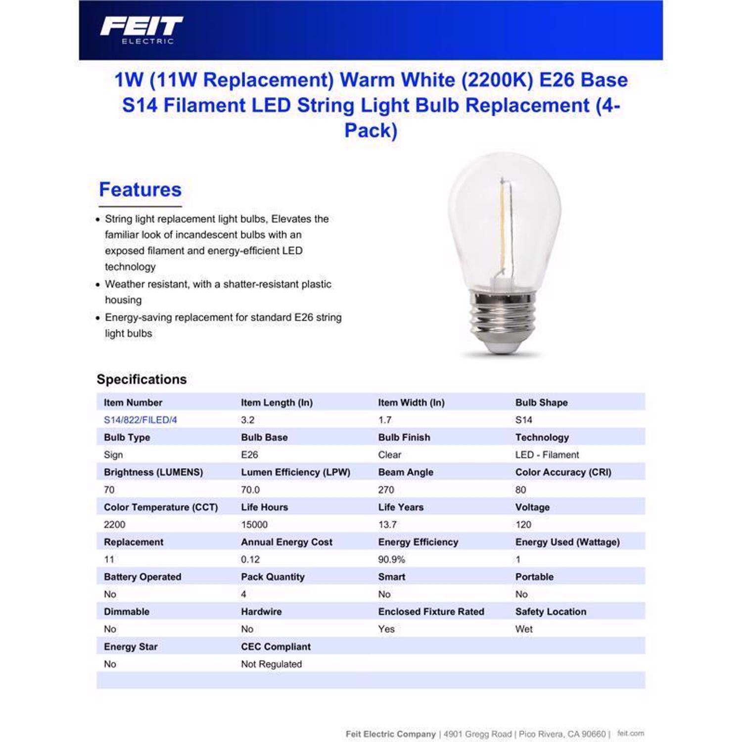 Feit S14 E26 (Medium) LED Bulb Warm White 11 Watt Equivalence 4 pk