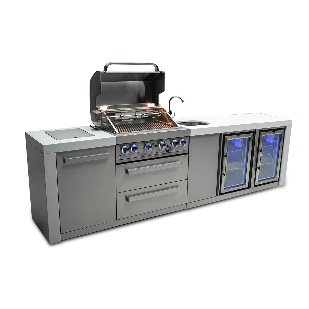 Mont Alpi 4-Burner Deluxe island with beverage center and fridge cabinet