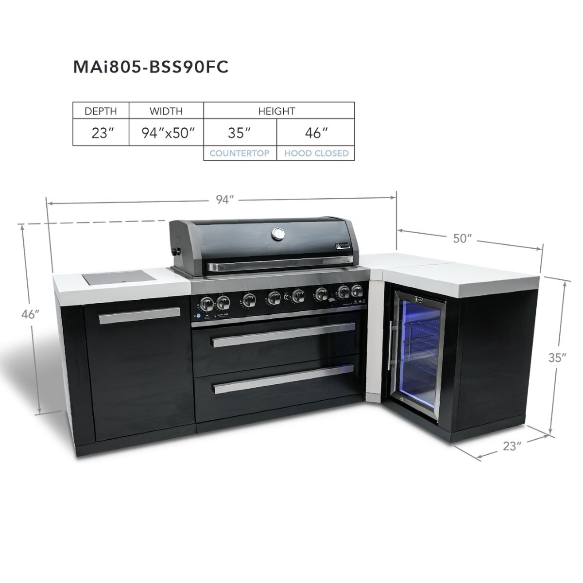 Mont Alpi 805 Black Stainless Steal island with 90-degree corner and a fridge cabinet MAI805-BSS90FC