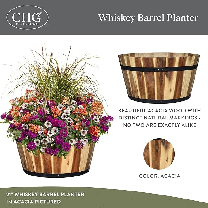 Classic Home and Garden 110024 Whiskey Barrel Planter, 1 Pack, Acacia