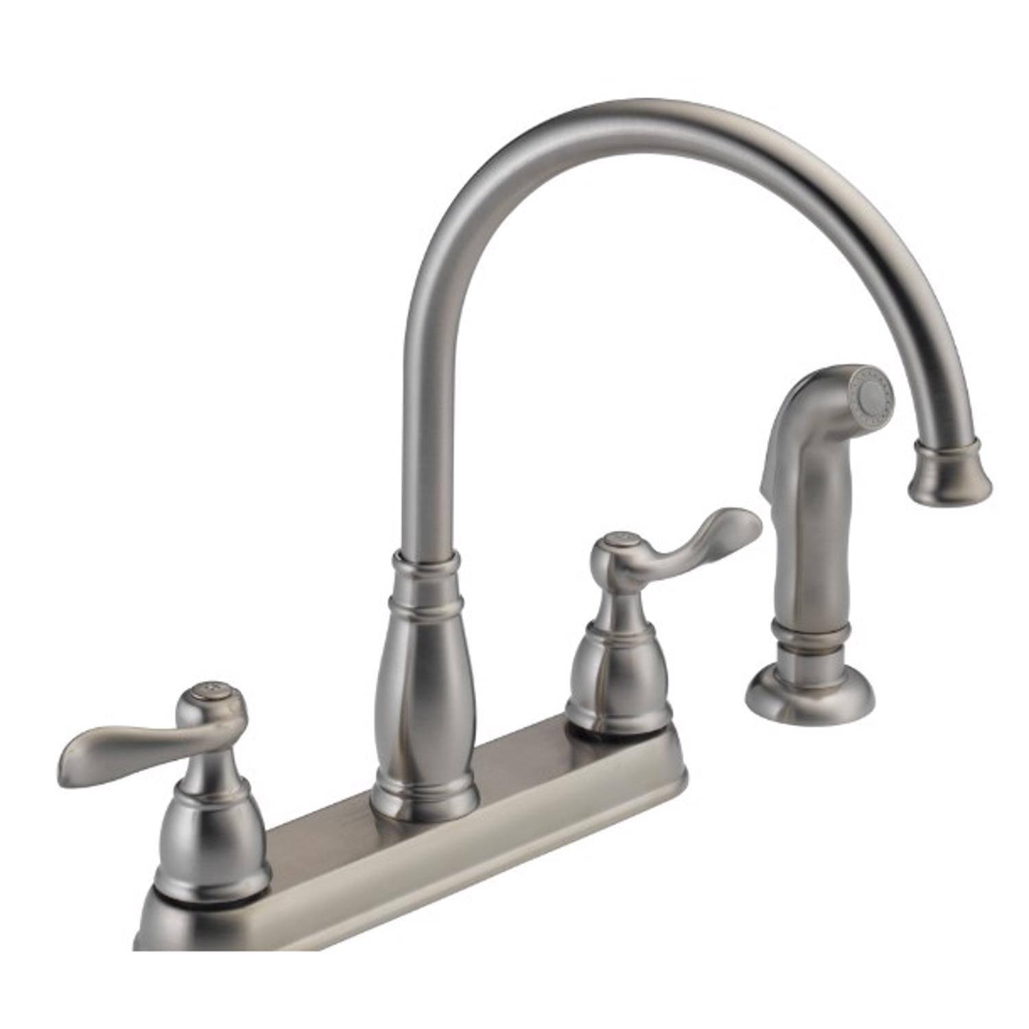 Delta Windemere Two Handle Stainless Steel Kitchen Faucet Side Sprayer Included